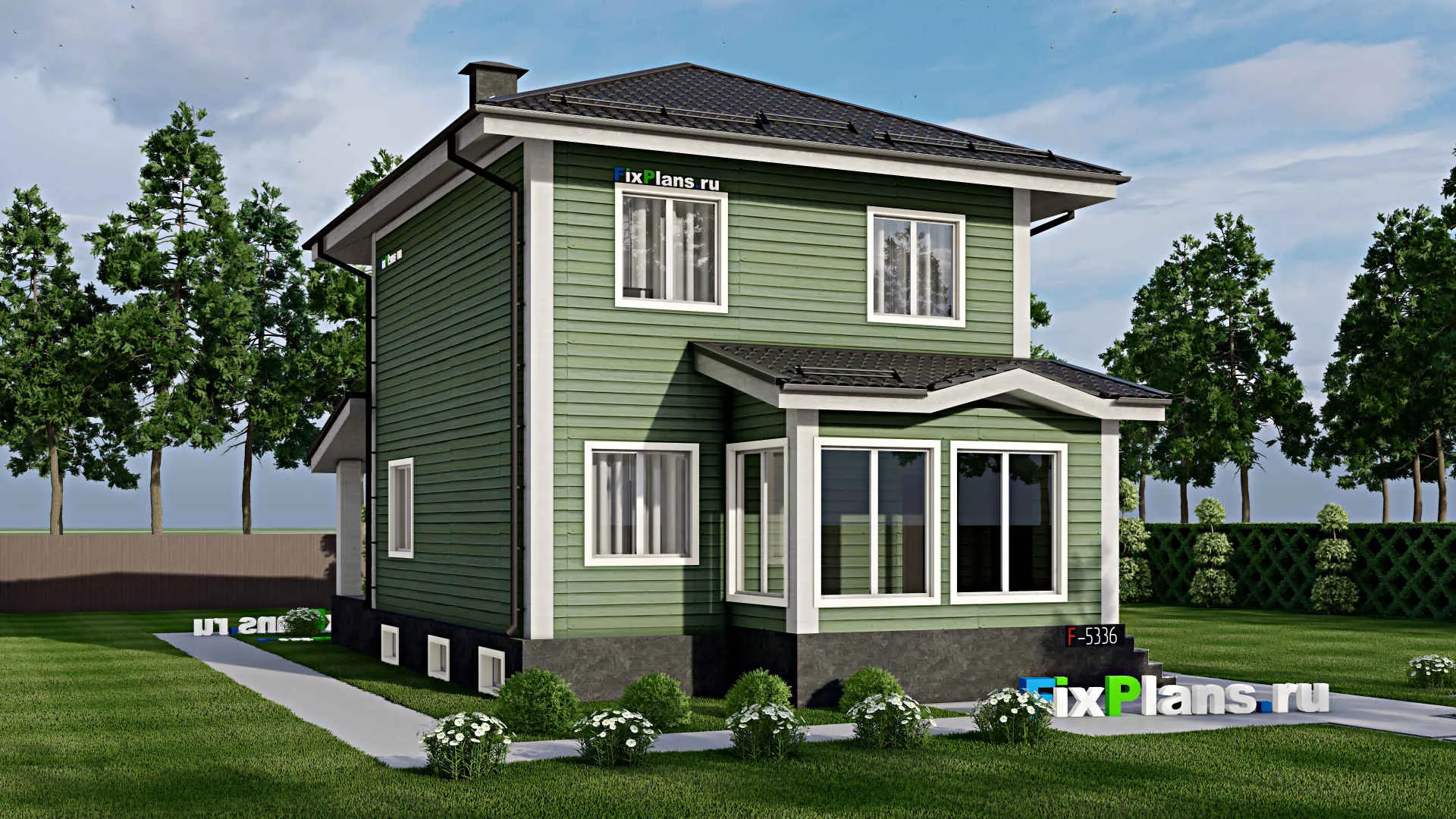 F-5336 - Проект двухэтажного дома 8 на 12, площадью 210 м² с террасой, цокольным этажом и 3 спальнями