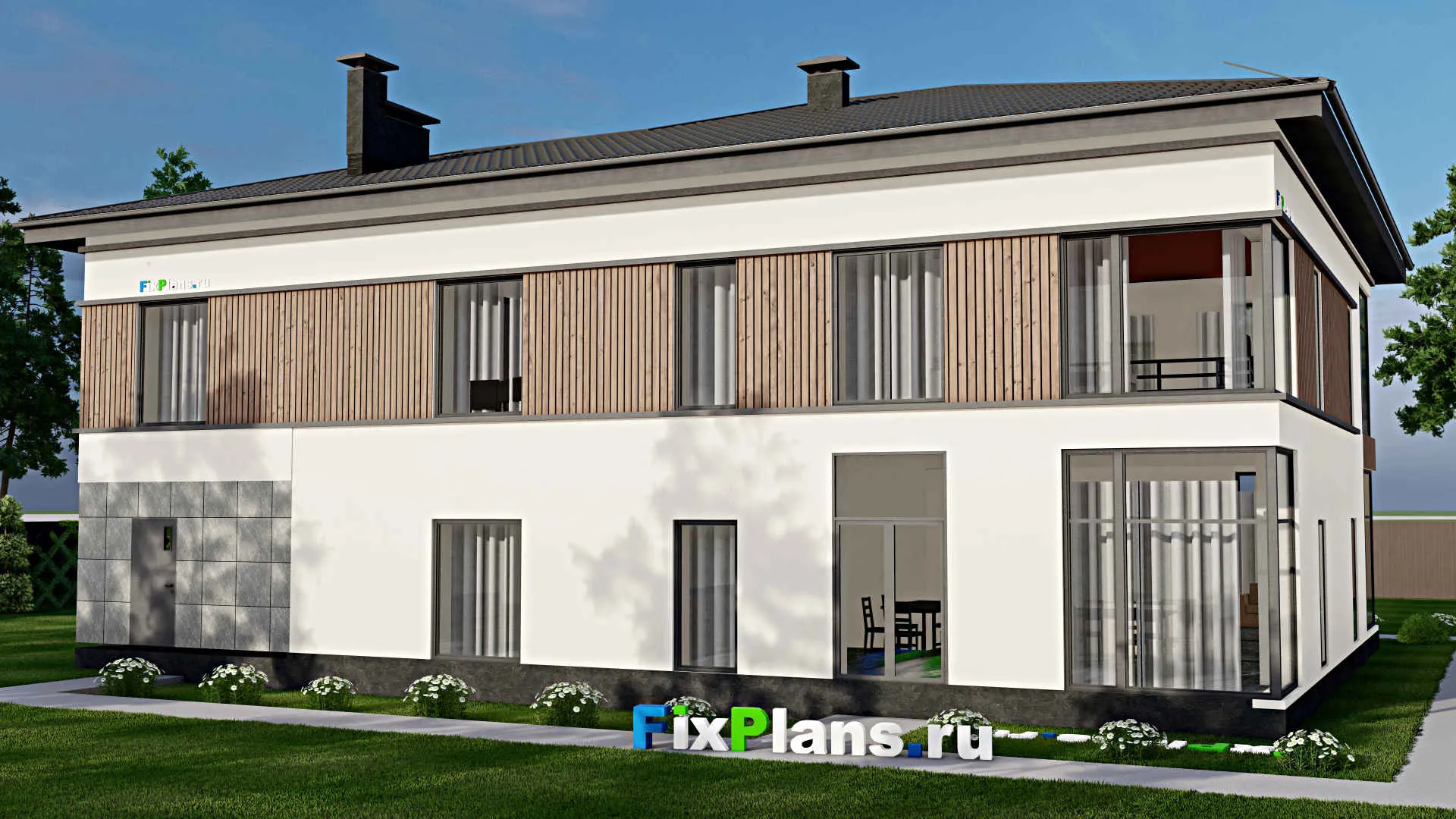 F-5210 - Проект двухэтажного дома 15 на 20, площадью 460 м² с балконом, гаражом на 1 машину, спортзалом и 1 спальнями