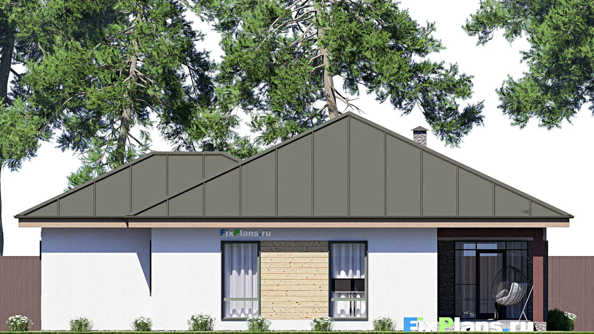 F-20492 - Проект одноэтажного дома 16 на 16, площадью 160 м² с террасой, гаражом на 1 машину и 2 спальнями