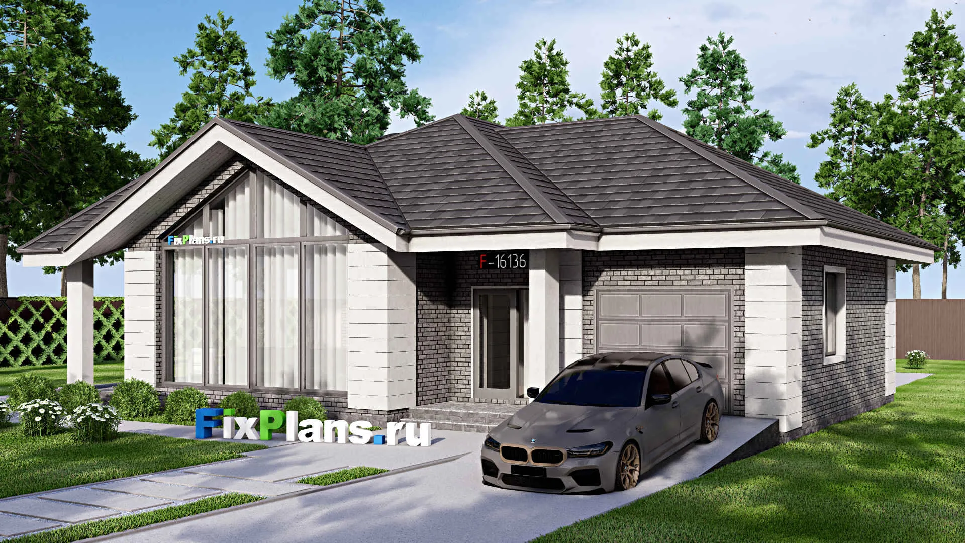 F-16136 - Проект одноэтажного дома 16 на 20, площадью 210 м² с террасой, гаражом на 1 машину и 3 спальнями