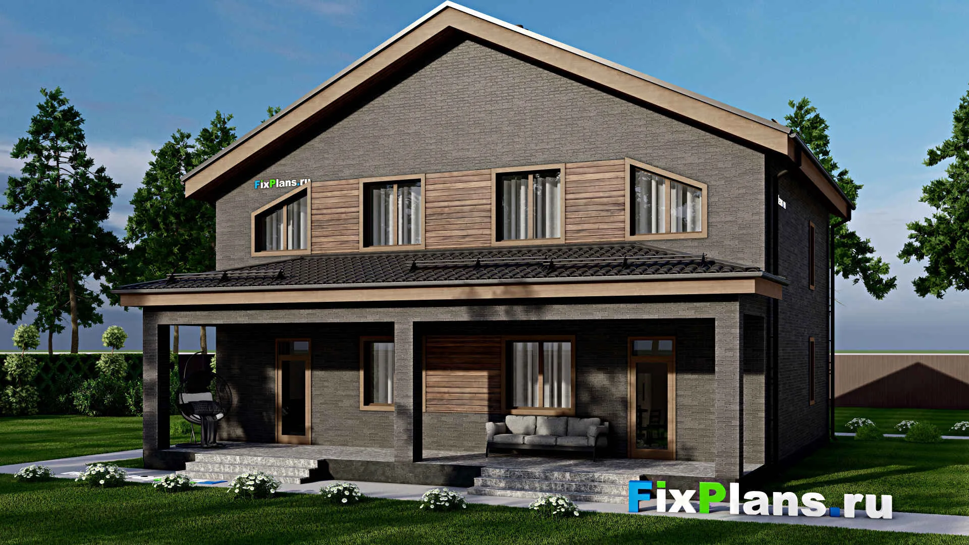 F-4454 - Планы дома с мансардой 11 на 13, площадью 240 м² с террасой и 6 спальнями