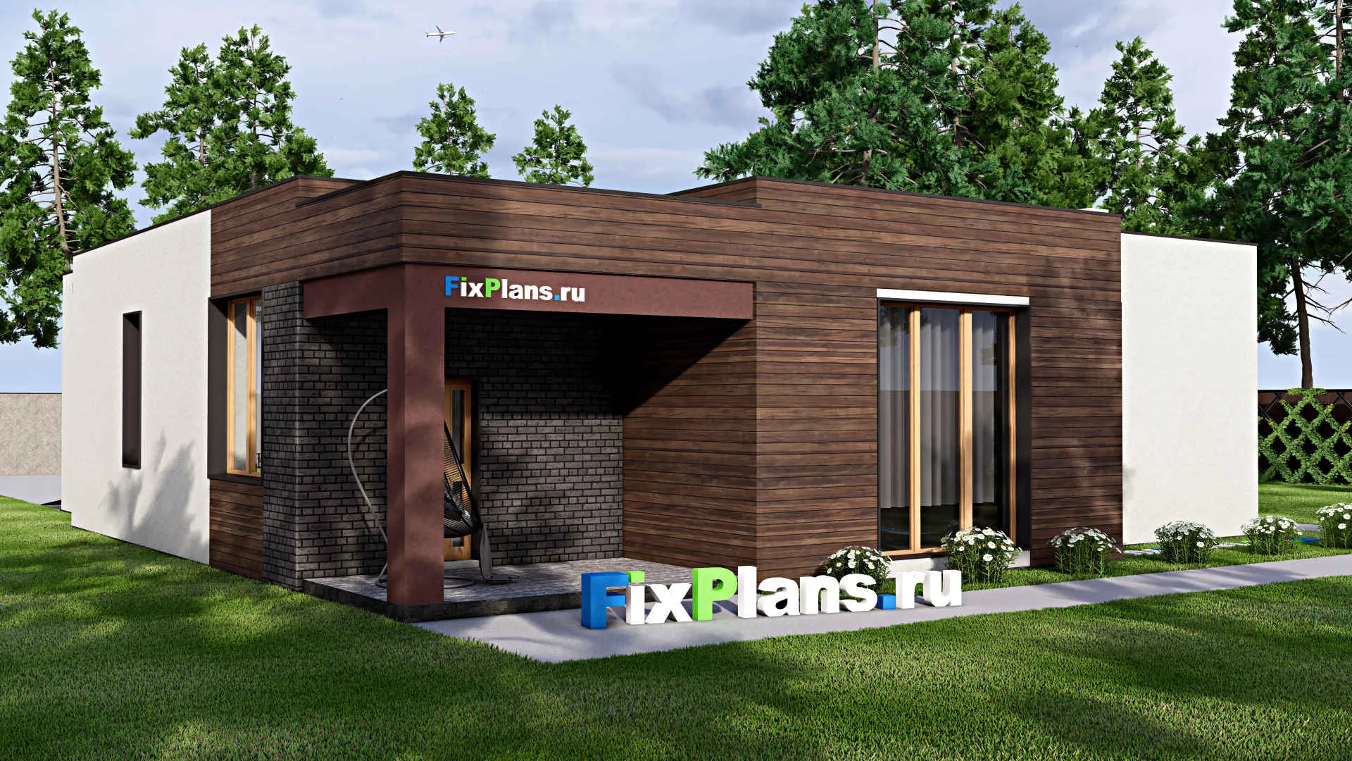 F-16100 - План одноэтажного дома 15 на 18, площадью 170 м² с террасой, гаражом на 1 машину и 3 спальнями