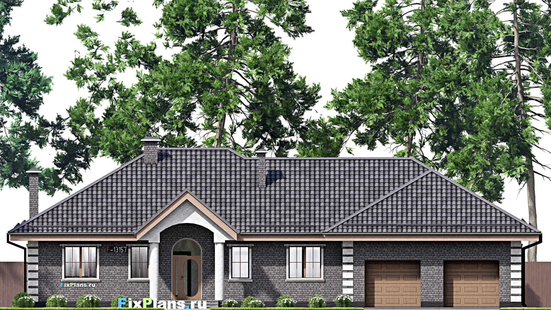 F-13157 - Проект одноэтажного дома 17 на 22, площадью 230 м² с террасой, гаражом на 2 машины и 3 спальнями