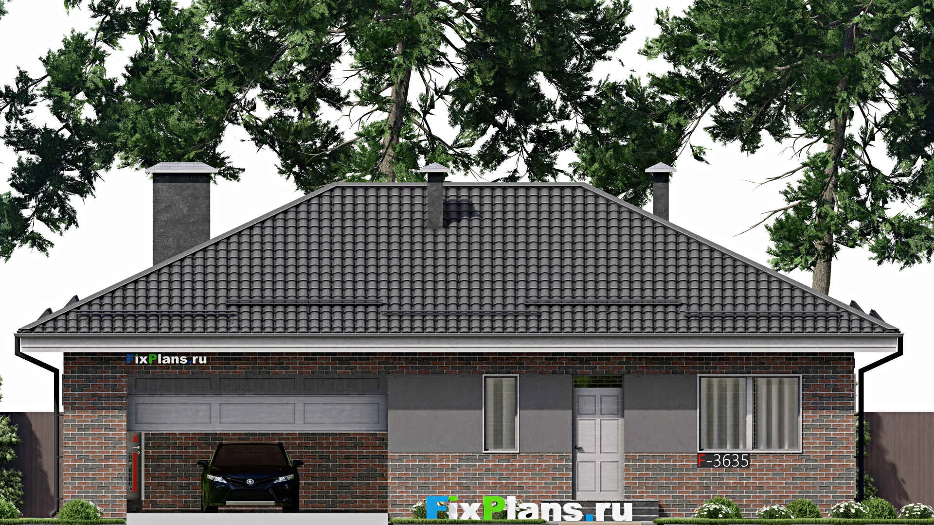 F-3635 - План одноэтажного дома 11 на 16, площадью 130 м² с гаражом на 2 машины и 2 спальнями