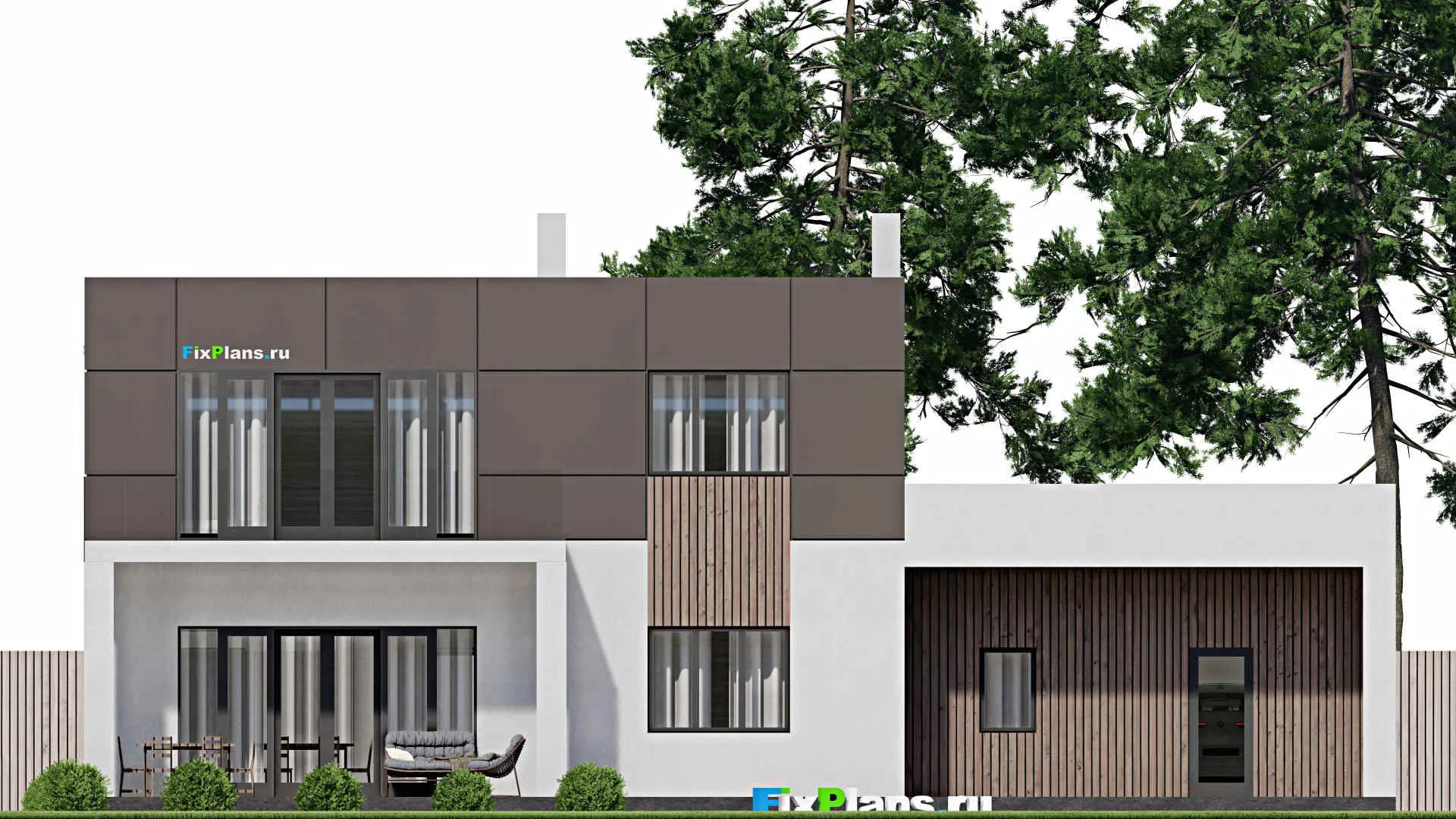 F-1871 - Проект двухэтажного дома 11 на 19, площадью 230 м² с террасой, балконом, гаражом на 2 машины и 4 спальнями