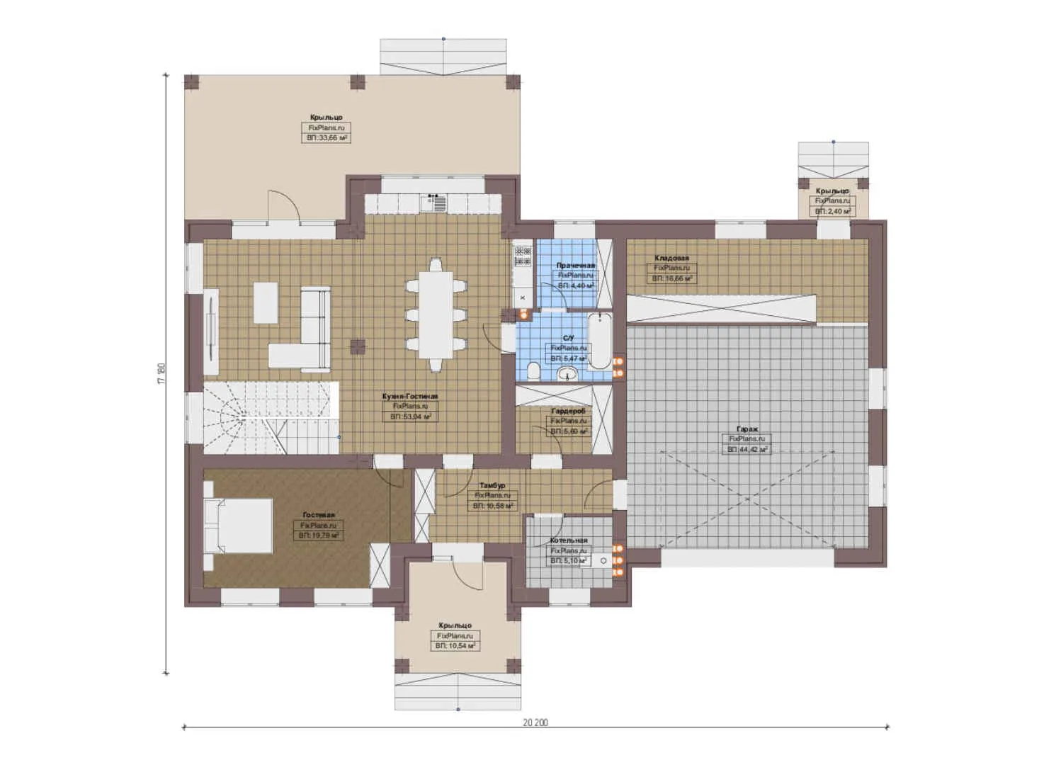 F-19178 - Планы двухэтажного дома 18 на 21, площадью 320 м² с гаражом на 2 машины и 4 спальнями