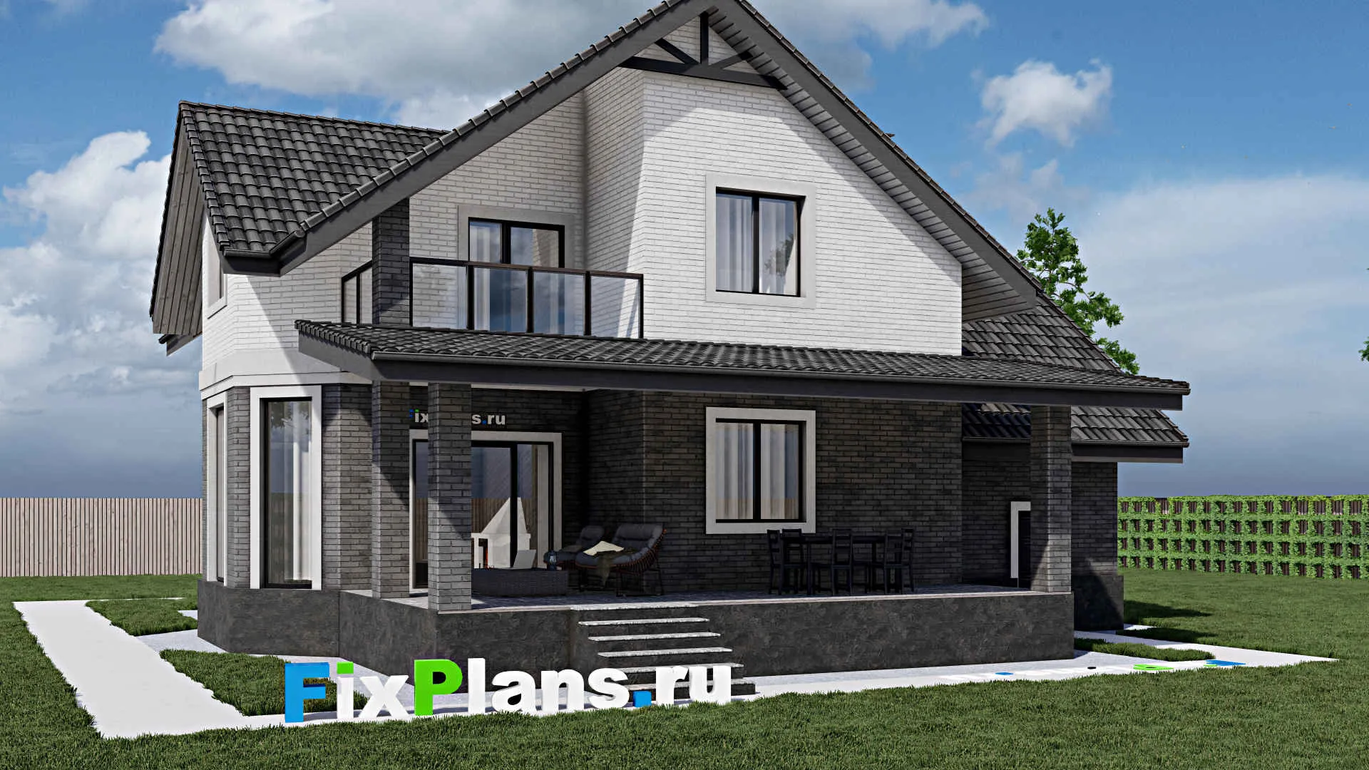 F-1385 - Проект дома с мансардой 12 на 15, площадью 330 м² с террасой, балконом, цокольным этажом, гаражом на 1 машину, спортзалом и 4 спальнями