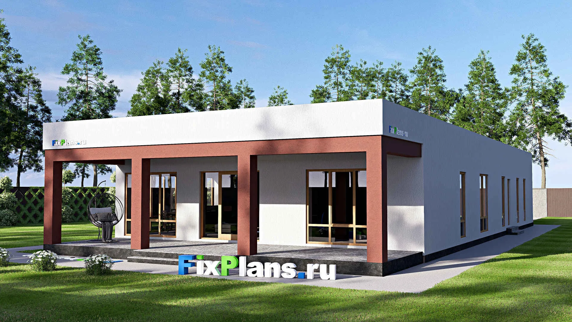 F-19070 - Проект одноэтажного дома 13 на 27, площадью 260 м² с террасой, гаражом на 1 машину и 4 спальнями