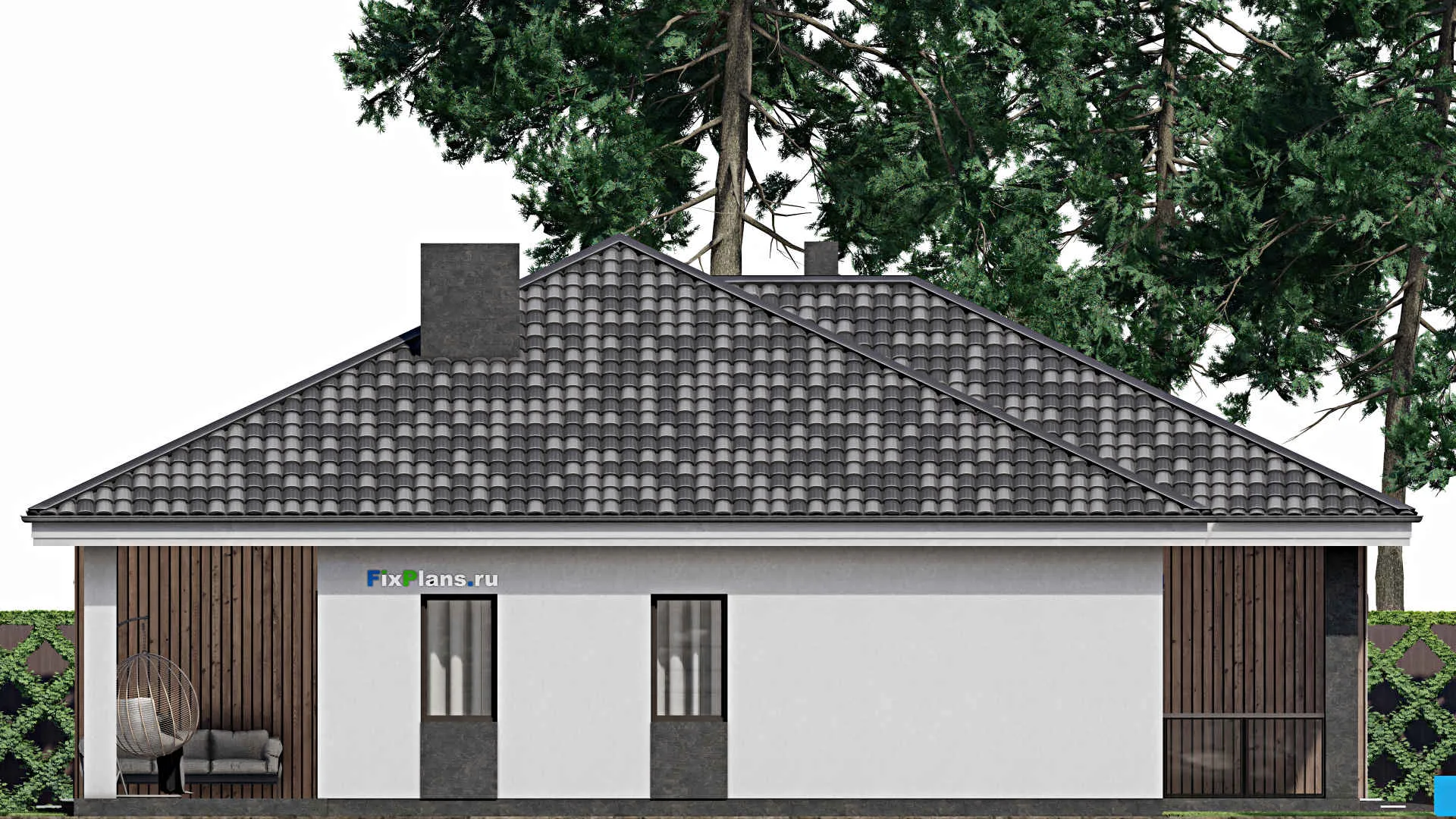 F-1178 - Проект одноэтажного дома 16 на 19, площадью 220 м² с террасой, гаражом на 2 машины и 2 спальнями