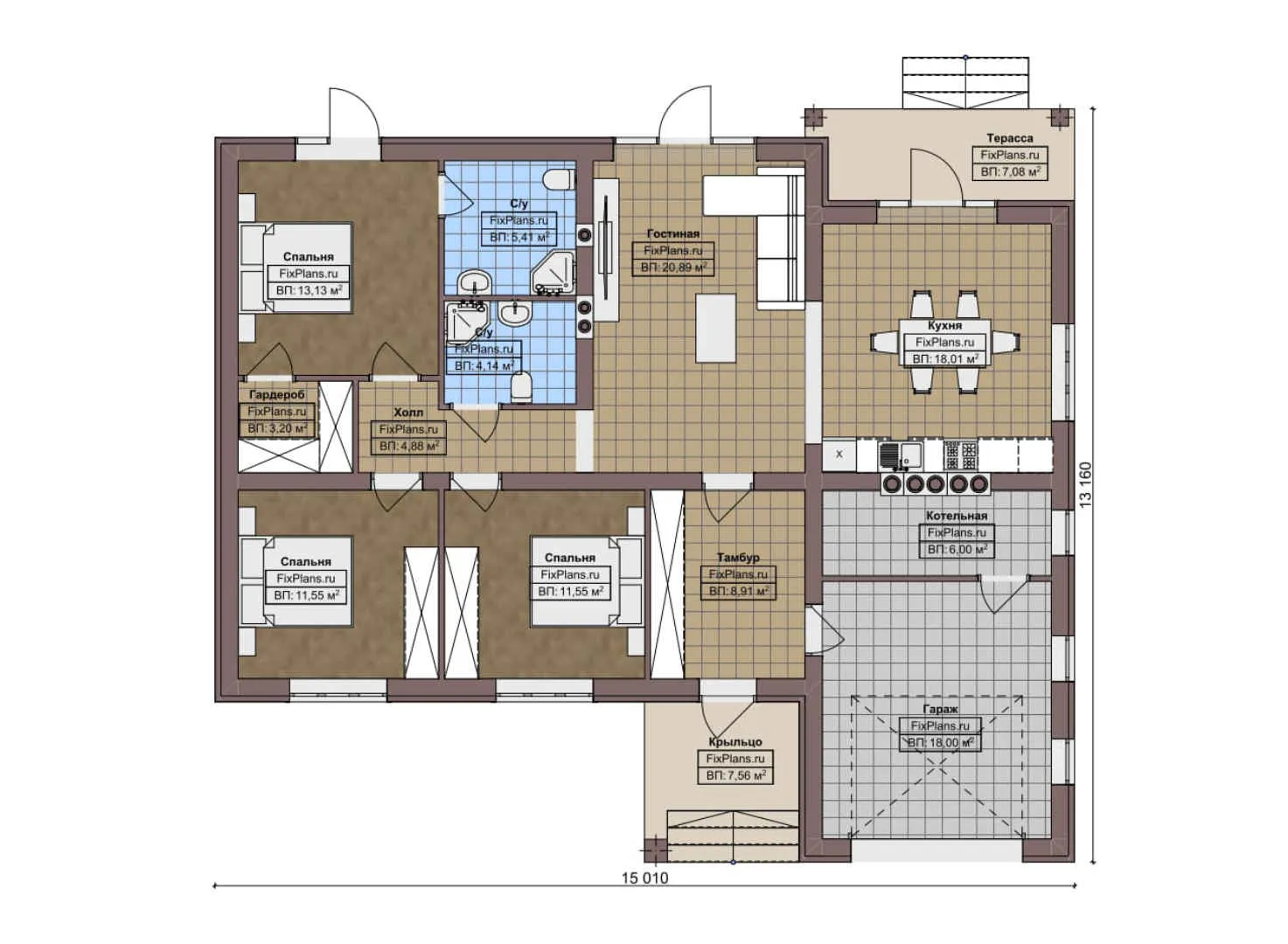 F-7469 - План одноэтажного дома 14 на 16, площадью 140 м² с террасой, гаражом на 1 машину и 3 спальнями
