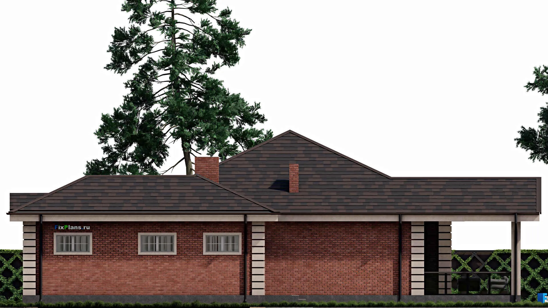 F-0188 - Проект одноэтажного дома 19 на 19, площадью 210 м² с террасой, гаражом на 1 машину и 2 спальнями