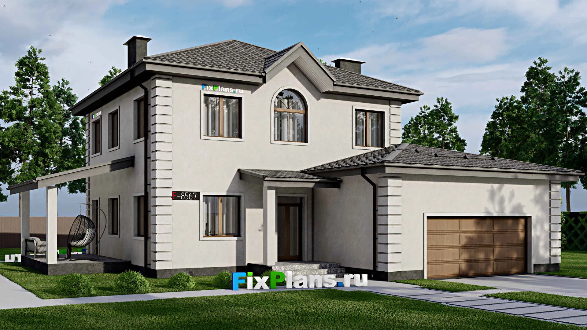 F-8567 - Проект двухэтажного дома 15 на 17, площадью 220 м² с террасой, гаражом на 2 машины и 4 спальнями
