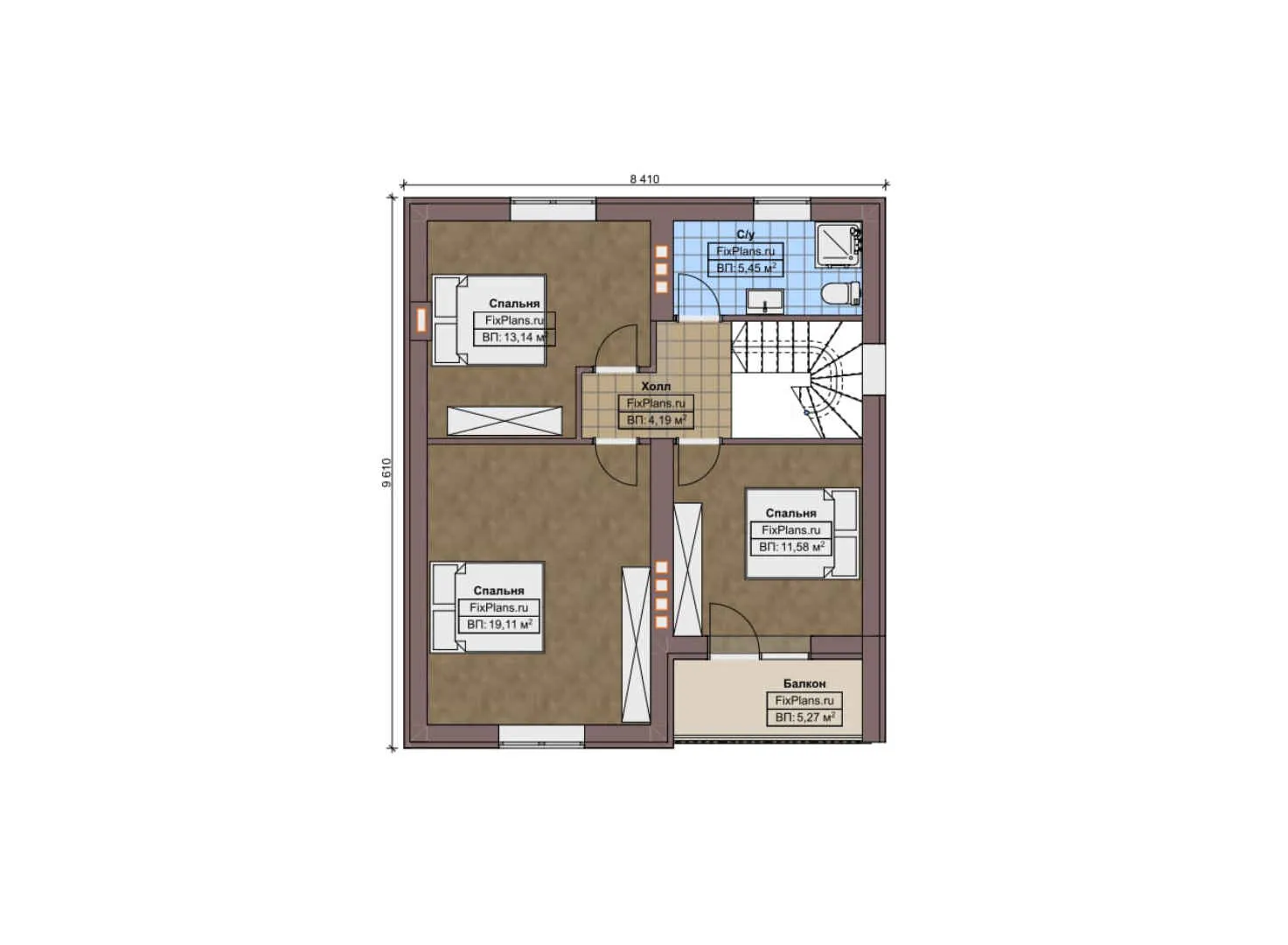F-8504 - Планы дома с мансардой 9 на 13, площадью 140 м² с террасой, балконом и 3 спальнями