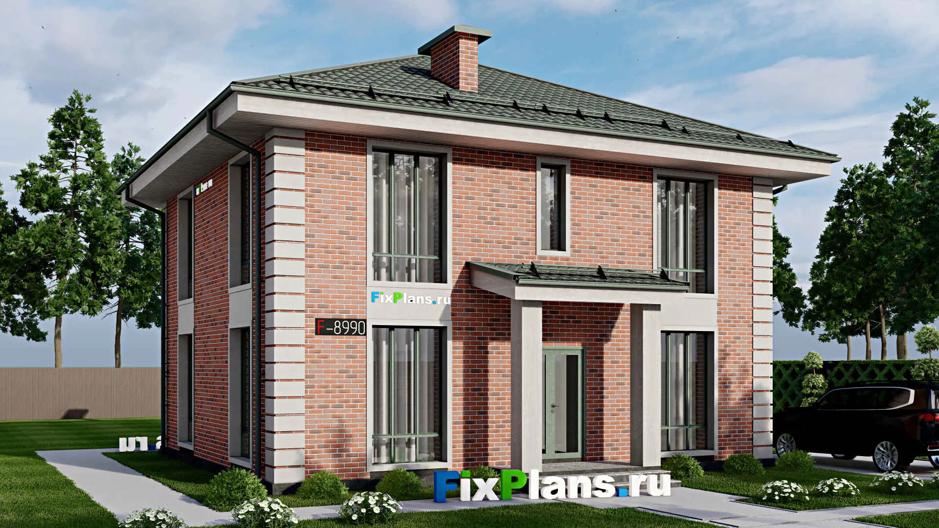 F-8990 - Проект двухэтажного дома 11 на 11, площадью 370 м² с террасой и 9 спальнями