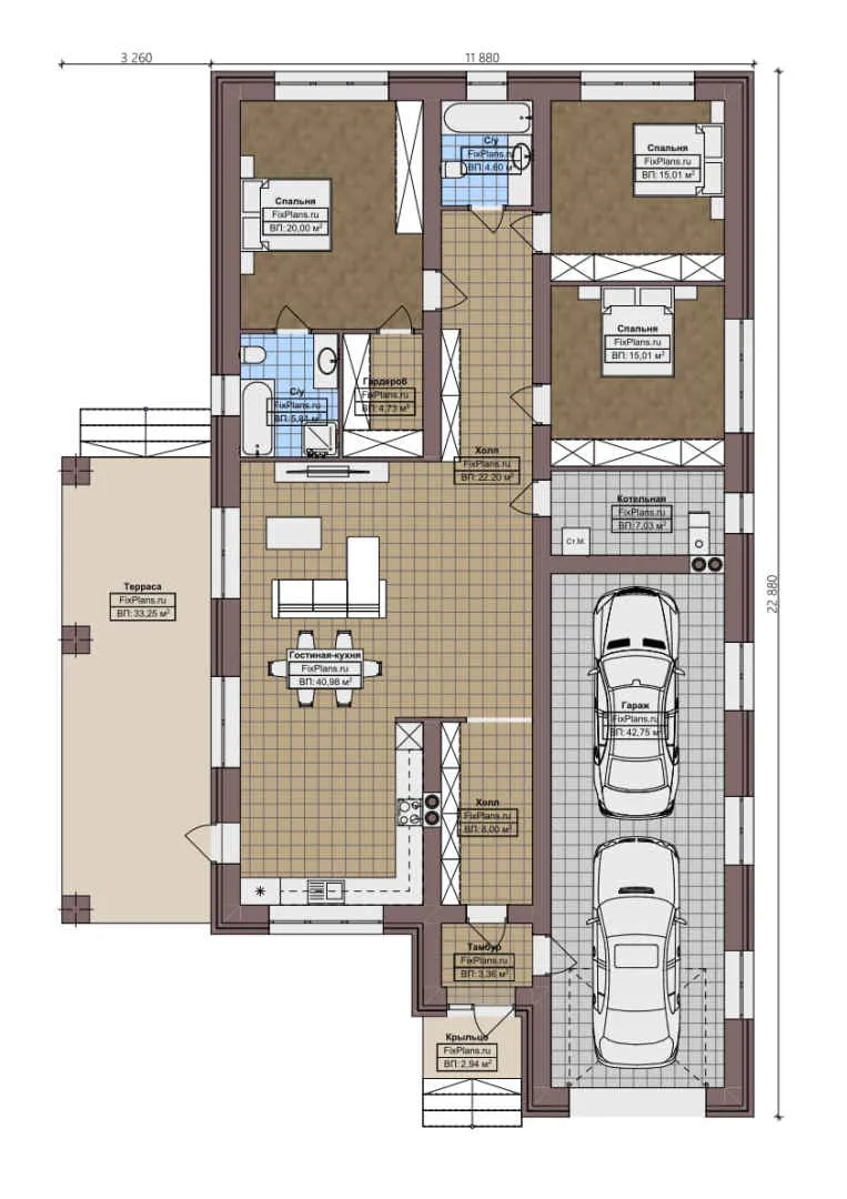F-1997 - План одноэтажного дома 12 на 23, площадью 230 м² с террасой, гаражом на 2 машины и 3 спальнями