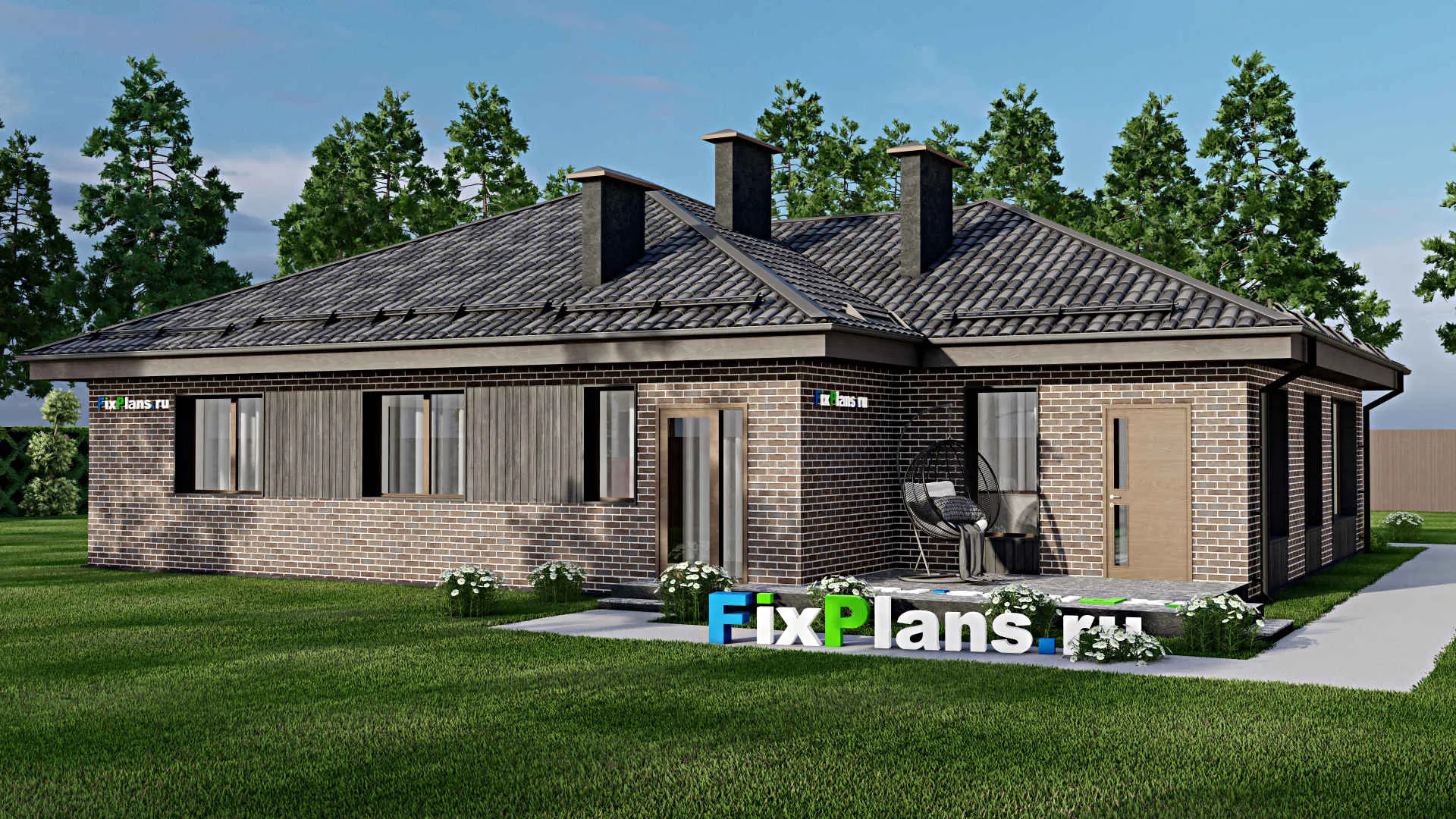 F-6974 - Проект одноэтажного дома 17 на 17, площадью 200 м² с террасой, гаражом на 1 машину и 4 спальнями