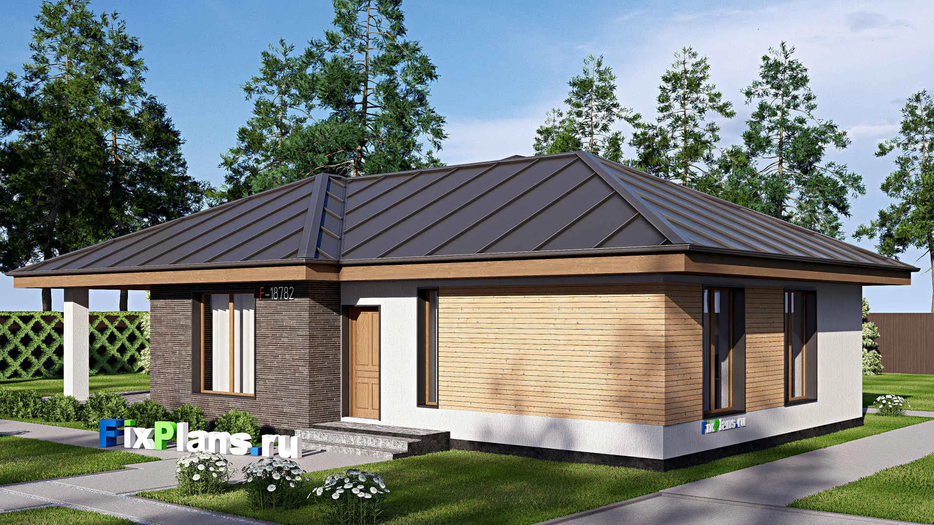 F-18782 - Проект одноэтажного дома 10 на 17, площадью 120 м² с террасой и 3 спальнями