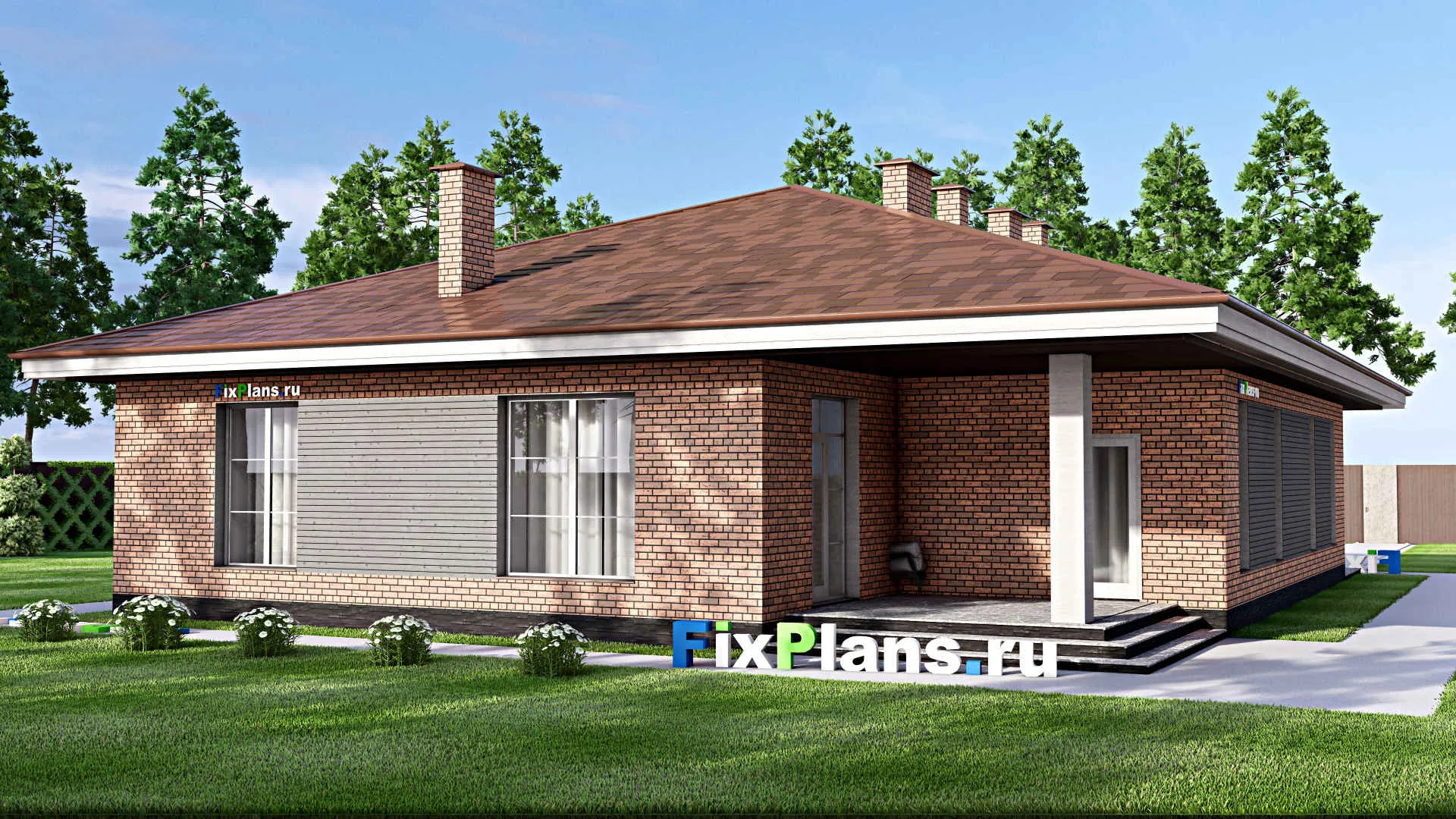 F-15236 - Проект одноэтажного дома 15 на 19, площадью 210 м² с террасой и 4 спальнями