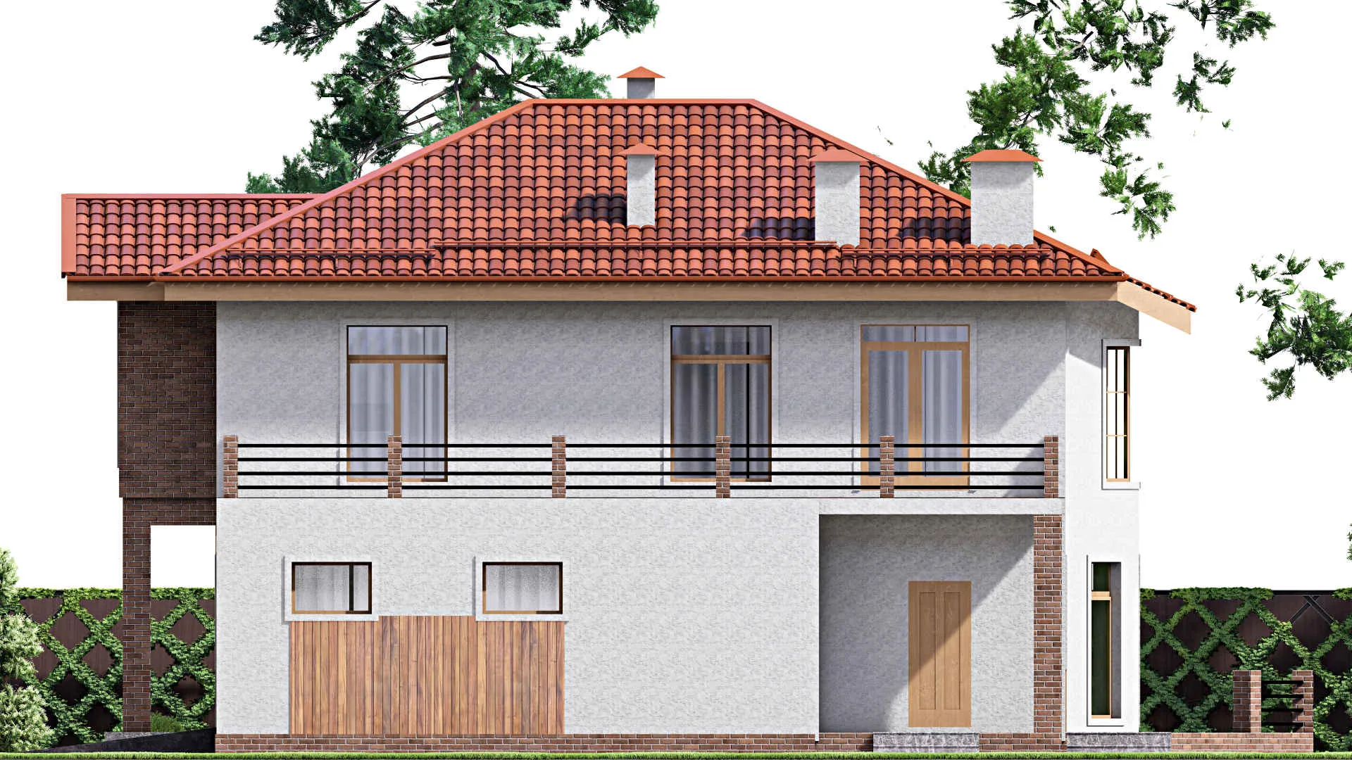 F-15974 - Проект двухэтажного дома 14 на 18, площадью 300 м² с террасой, балконом, гаражом на 1 машину и 4 спальнями