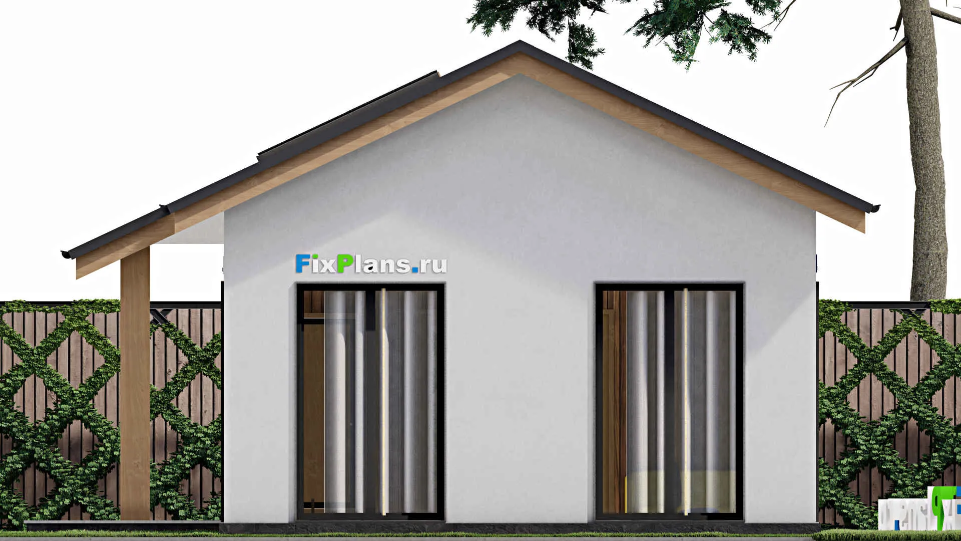 F-1133 - Проект одноэтажного дома 6 на 12, площадью 70 м² с террасой и 2 спальнями