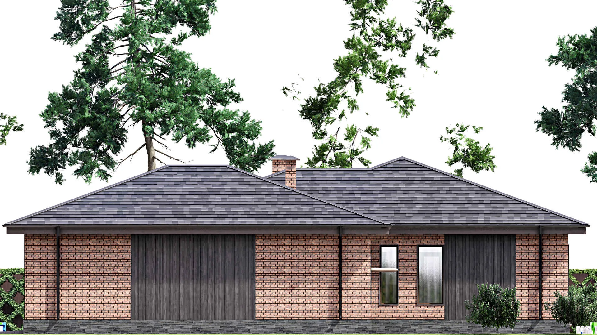 F-12806 - Проект одноэтажного дома 20 на 23, площадью 260 м² с террасой, гаражом на 2 машины и 4 спальнями