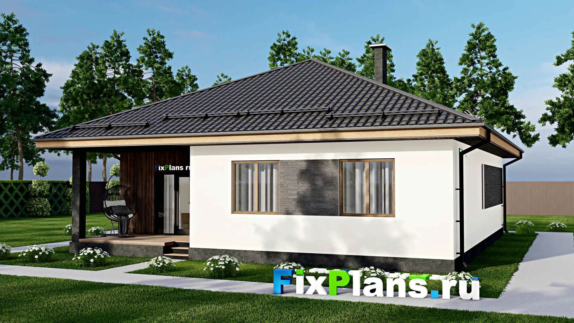 F-4535 - Проект одноэтажного дома 12 на 13, площадью 130 м² с террасой и 3 спальнями