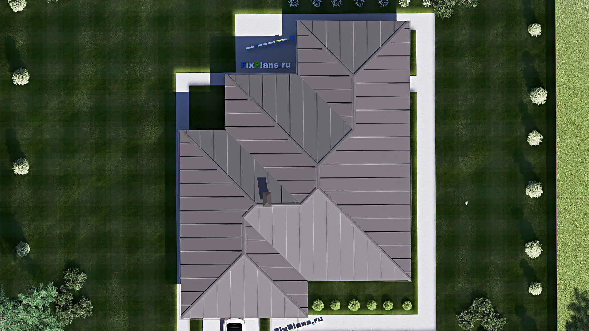 F-18692 - План одноэтажного дома 18 на 23, площадью 260 м² с террасой, баней, гаражом на 2 машины и 4 спальнями