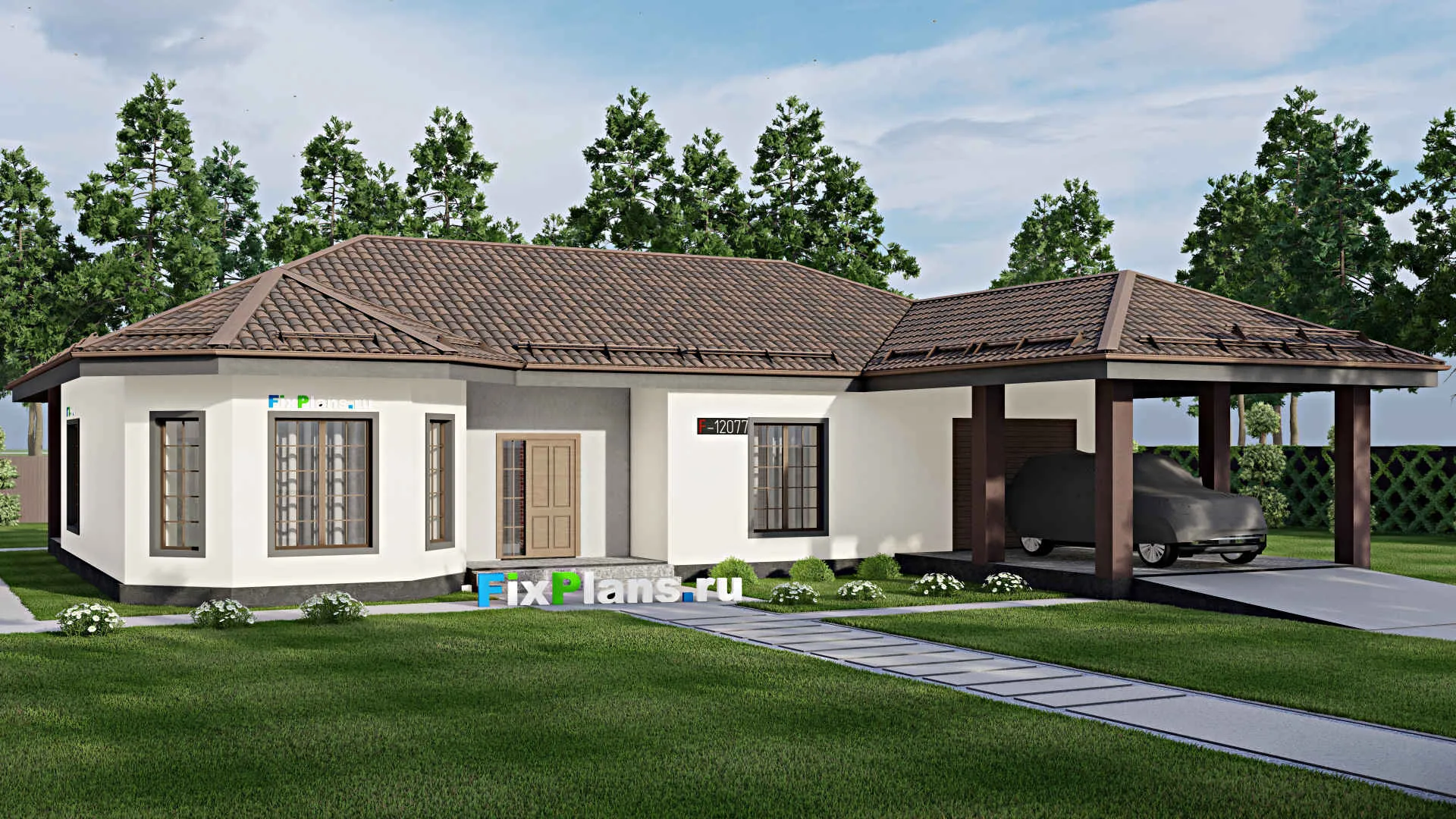 F-12077 - Проект одноэтажного дома 20 на 20, площадью 220 м² с террасой, гаражом на 2 машины и 2 спальнями