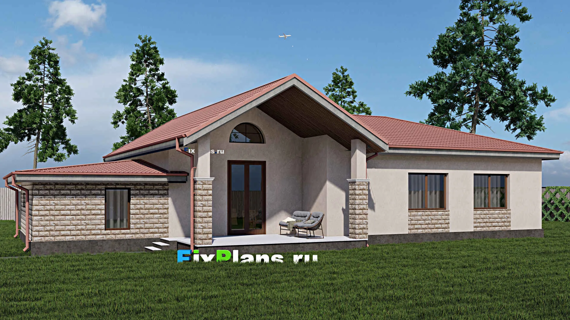 F-0539i - Проект одноэтажного дома 14 на 21, площадью 200 м² с террасой, гаражом на 1 машину и 3 спальнями