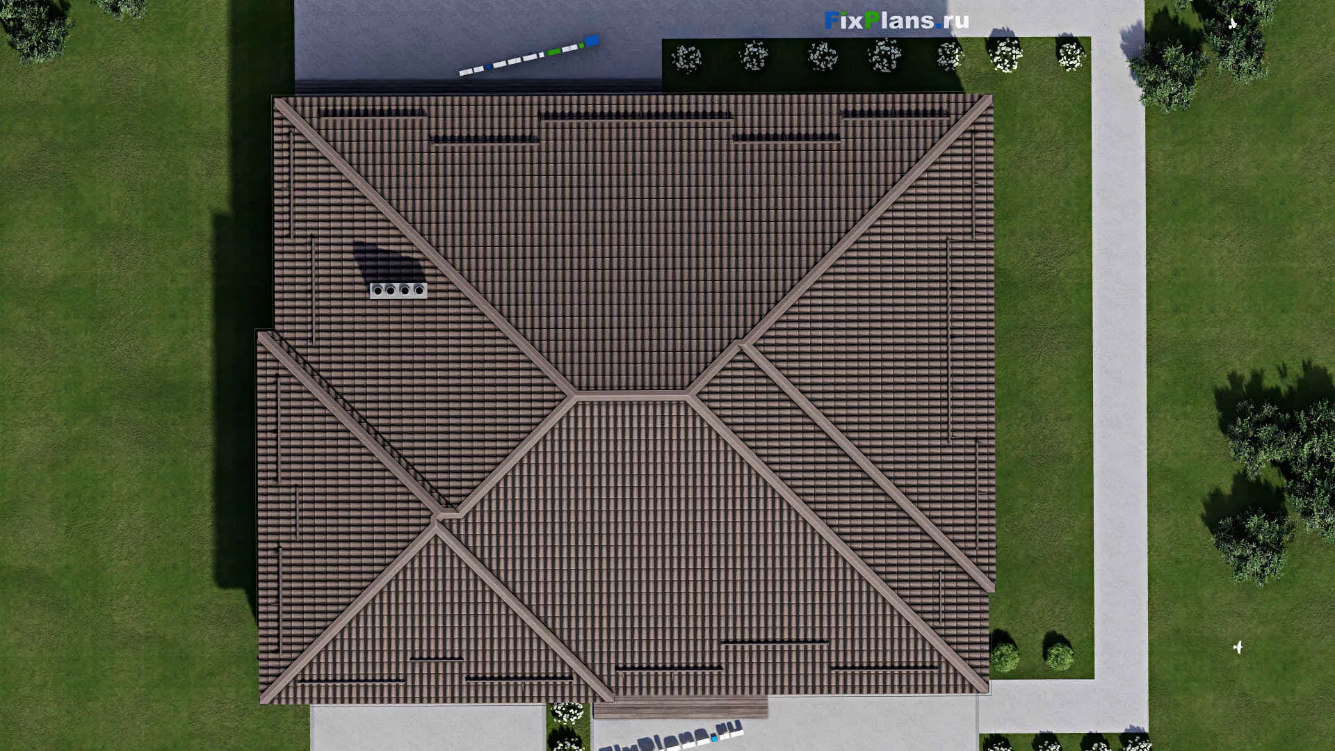 F-2384 - Проект одноэтажного дома 16 на 20, площадью 250 м² с террасой, гаражом на 2 машины и 3 спальнями