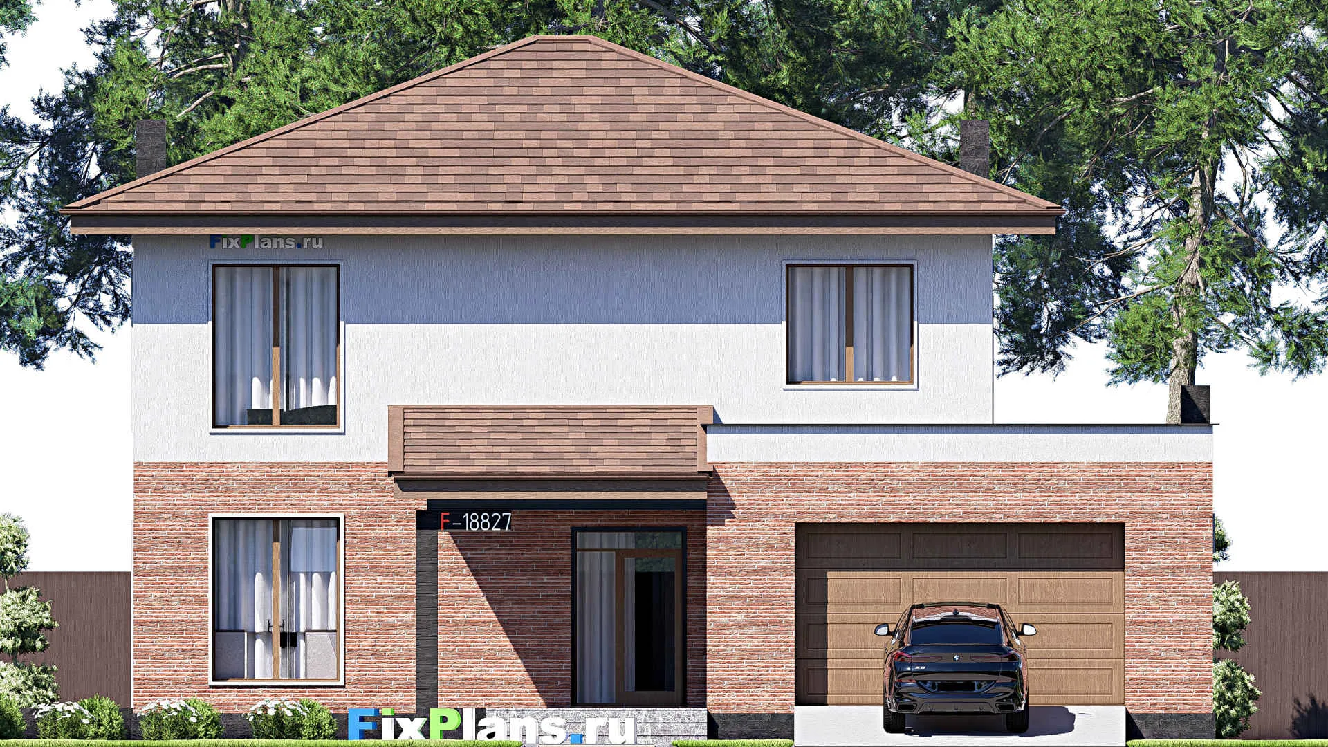 F-18827 - Проект двухэтажного дома 16 на 17, площадью 310 м² с террасой, баней, гаражом на 2 машины и 3 спальнями