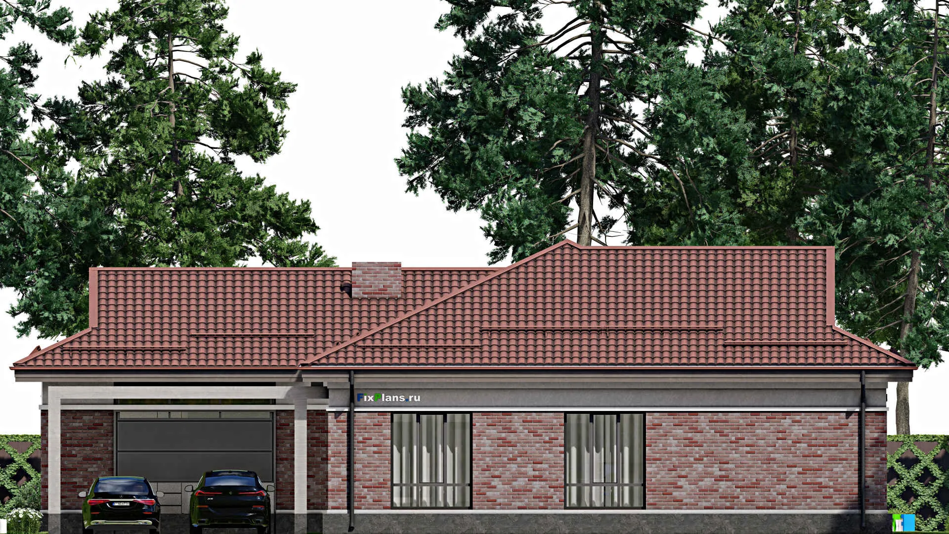 F-2204 - Проект одноэтажного дома 16 на 21, площадью 280 м² с террасой, гаражом на 2 машины и 3 спальнями