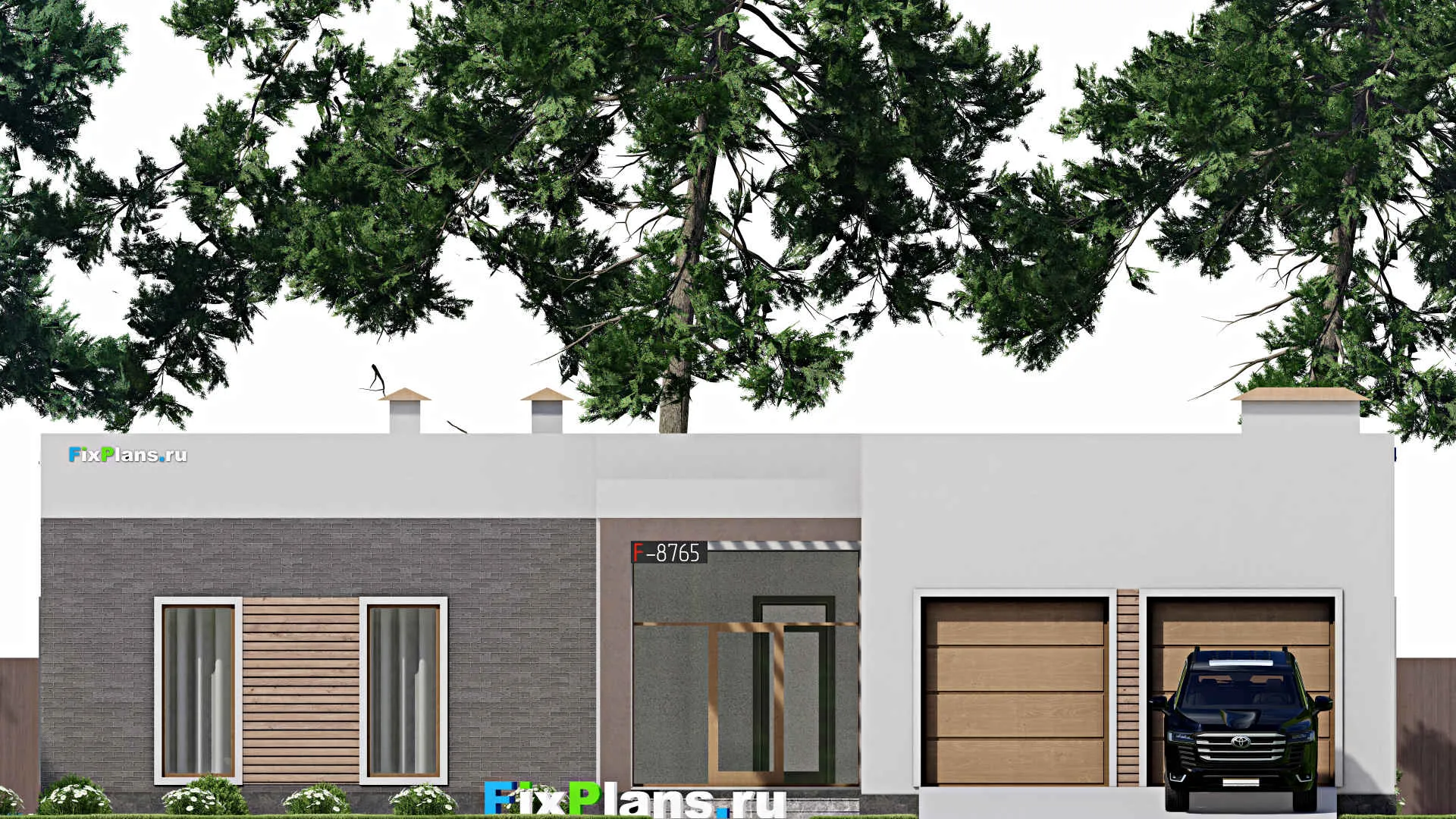 F-8765 - Проект одноэтажного дома 18 на 25, площадью 330 м² с террасой, гаражом на 2 машины и 3 спальнями