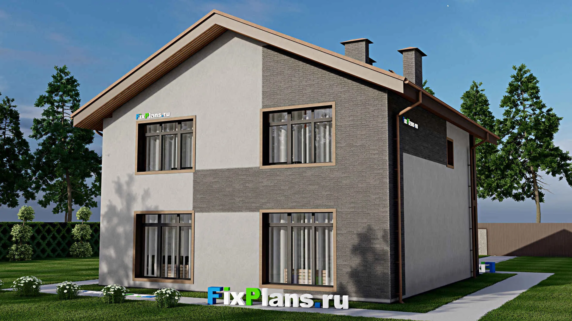 F-8423 - Планы двухэтажного дома 12 на 12, площадью 200 м² с террасой, балконом и 3 спальнями