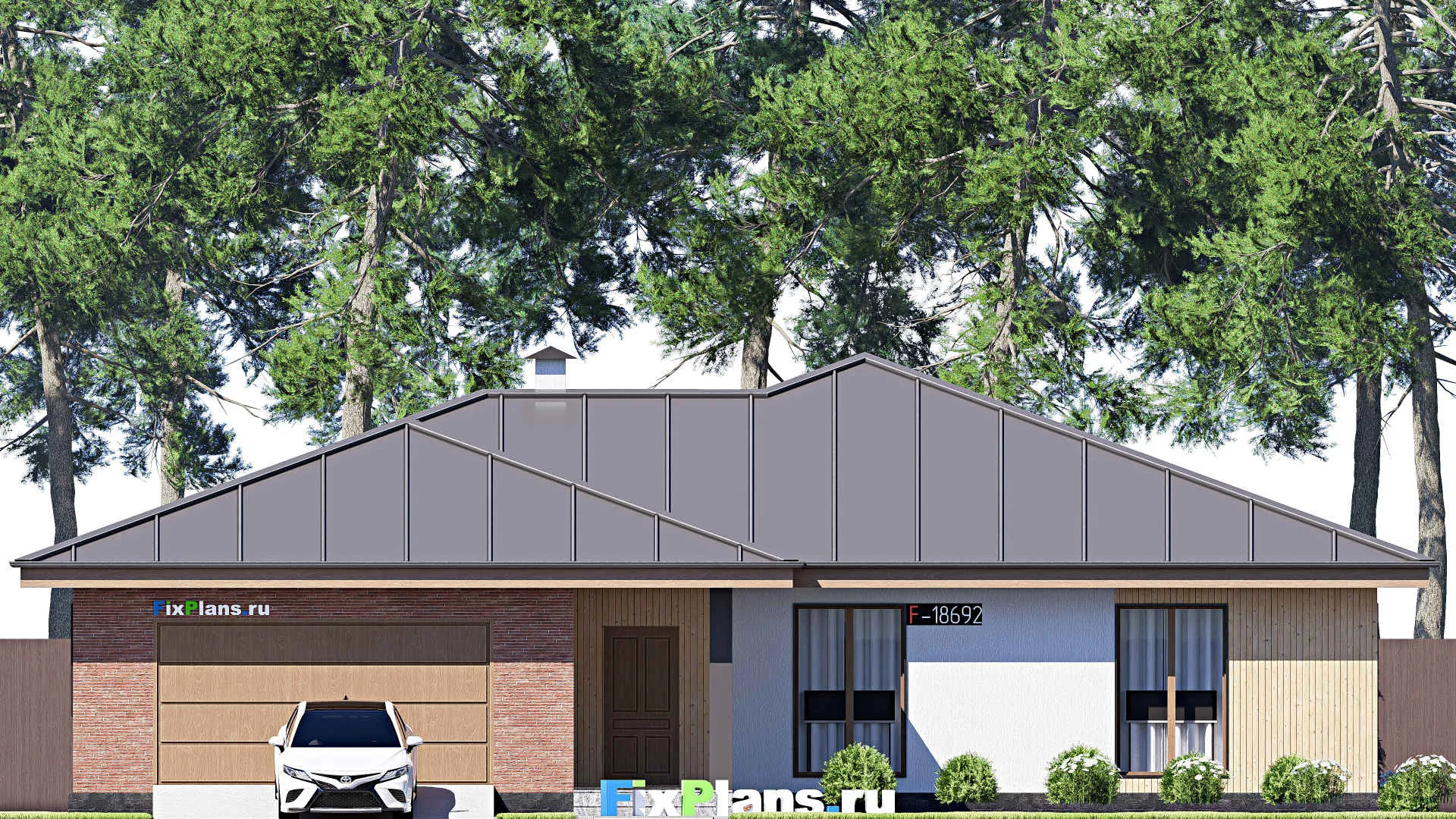 F-18692 - План одноэтажного дома 18 на 23, площадью 260 м² с террасой, баней, гаражом на 2 машины и 4 спальнями