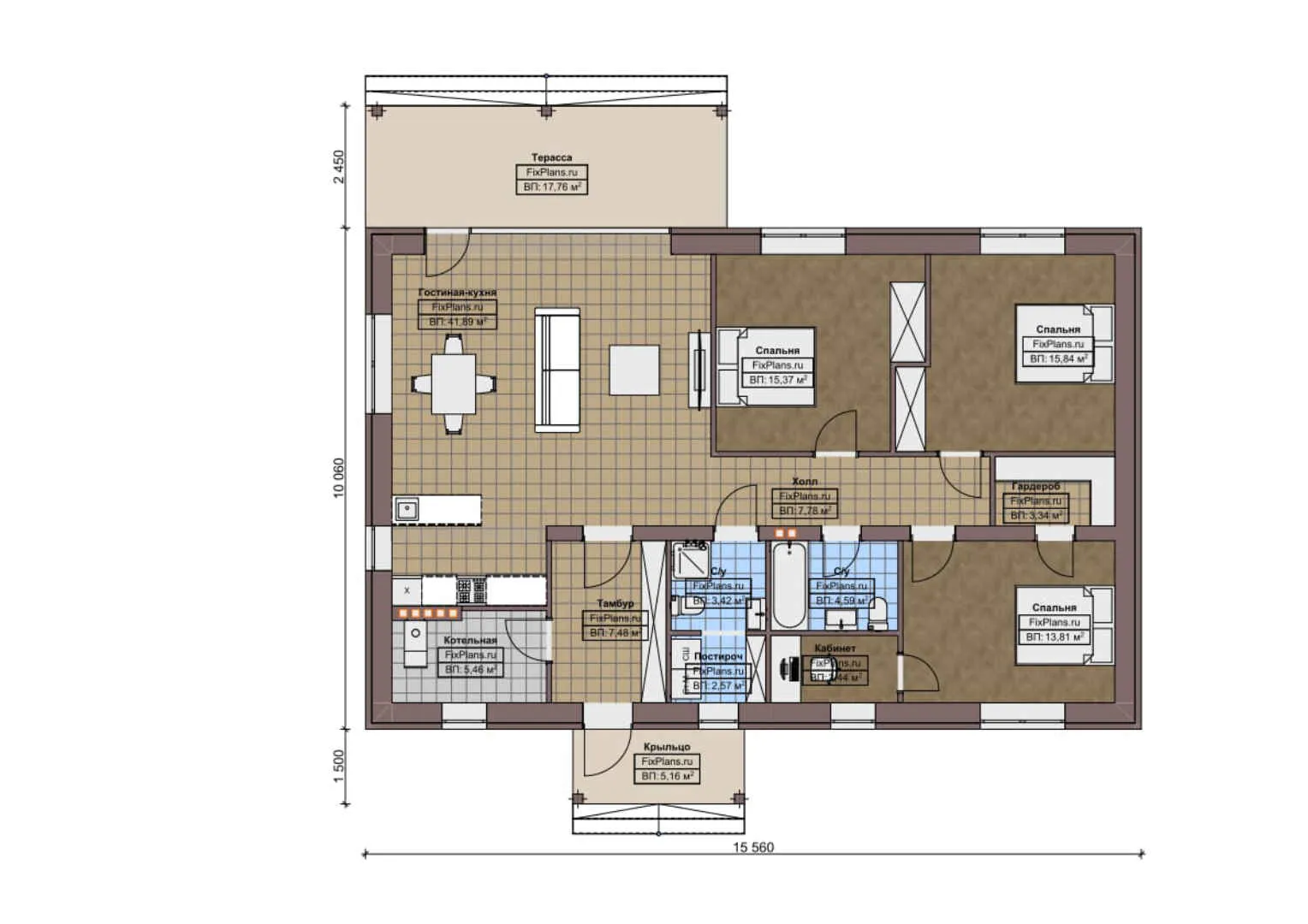 F-5930 - План одноэтажного дома 11 на 16, площадью 150 м² с террасой и 3 спальнями
