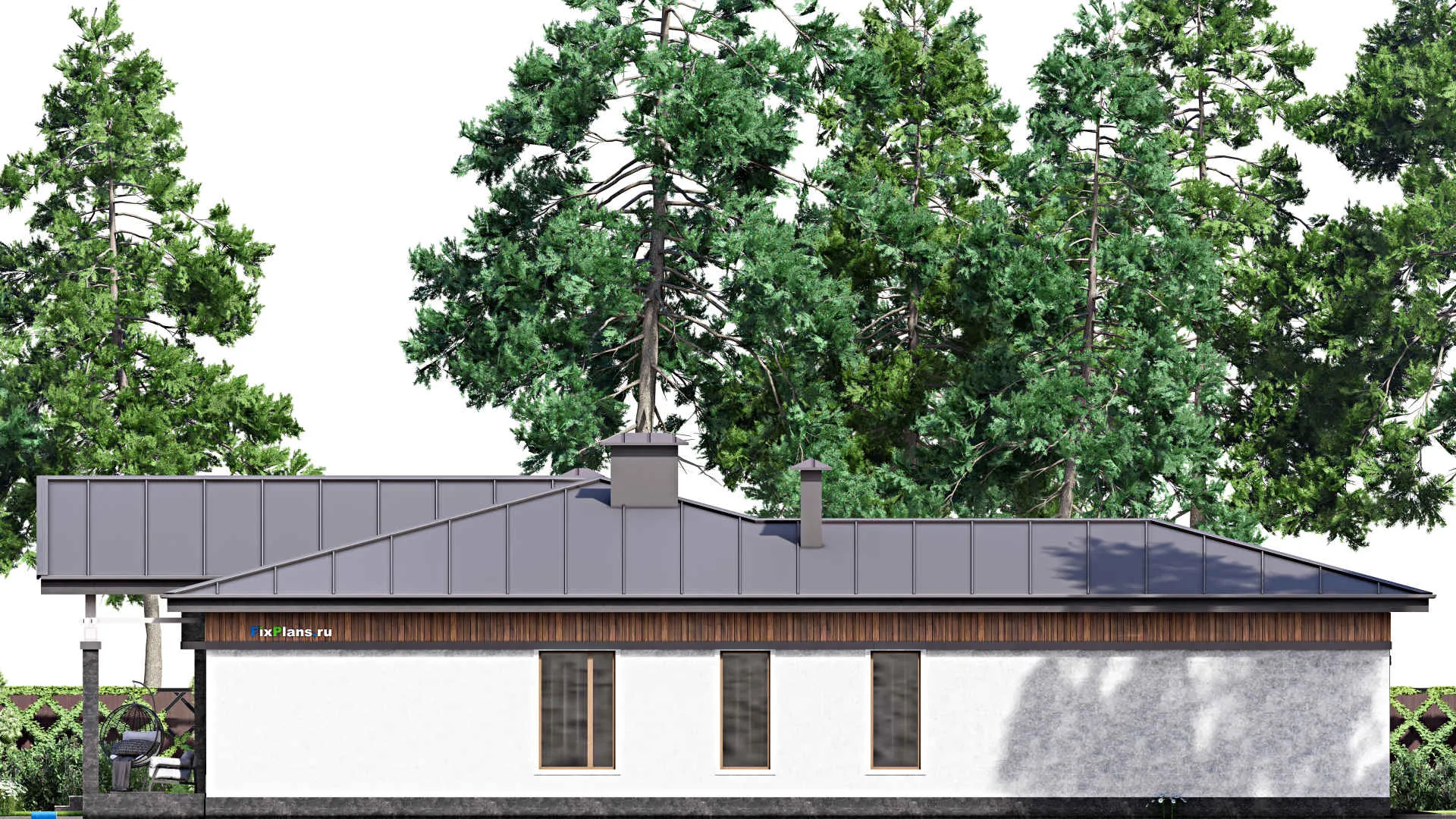 F-15281 - Проект одноэтажного дома 23 на 25, площадью 410 м² с террасой, баней, гаражом на 2 машины и 3 спальнями