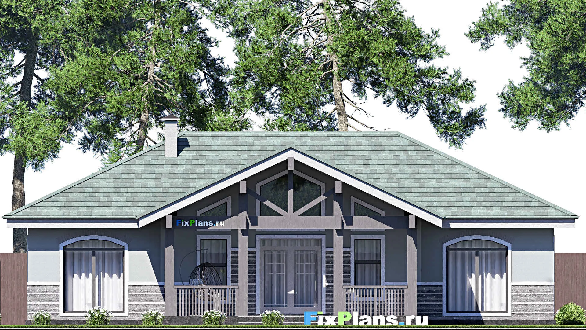 F-20888 - Проект одноэтажного дома 17 на 19, площадью 180 м² с террасой, баней и 3 спальнями