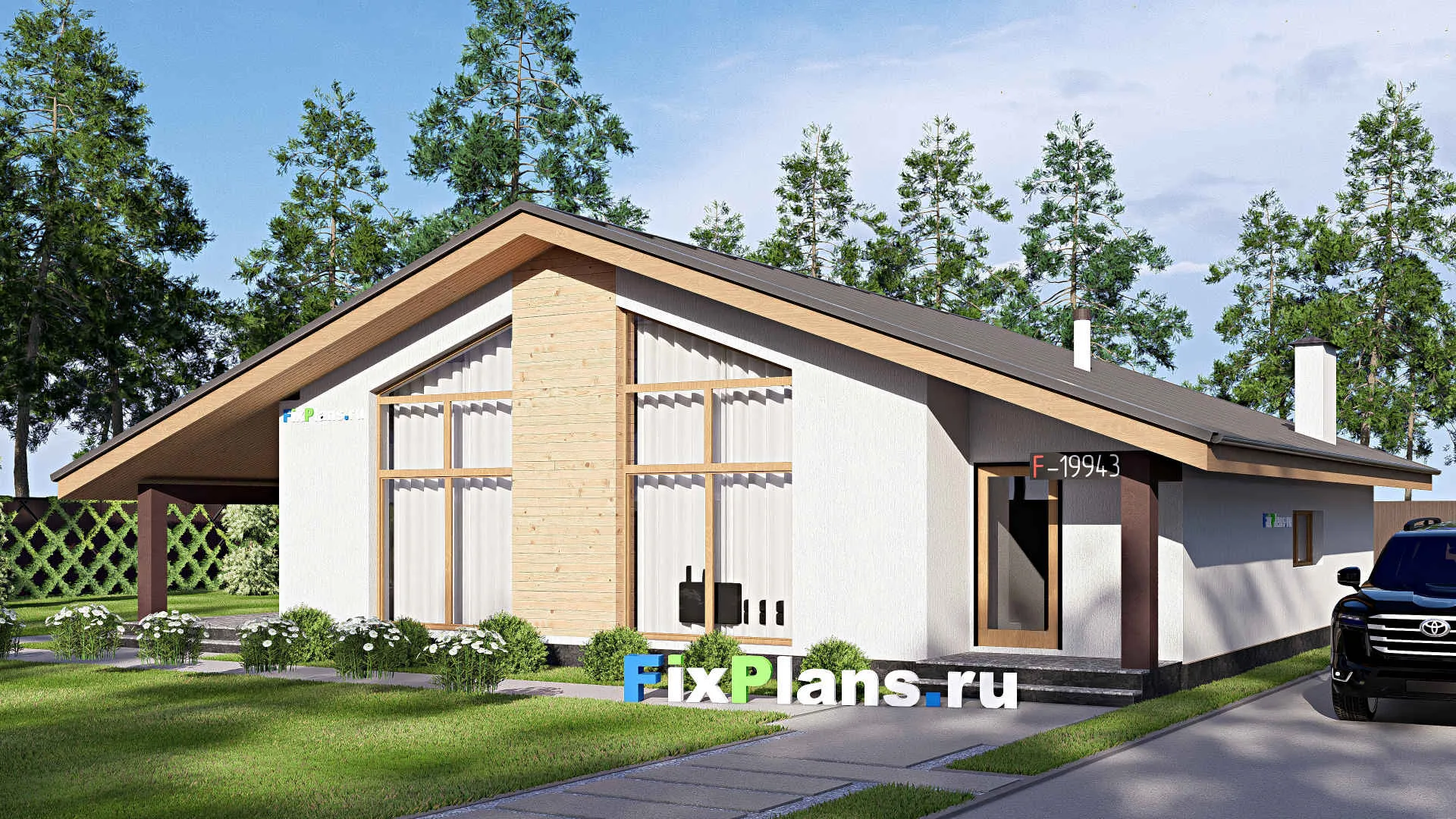 F-19943 - Проект одноэтажного дома 13 на 16, площадью 170 м² с террасой и 3 спальнями