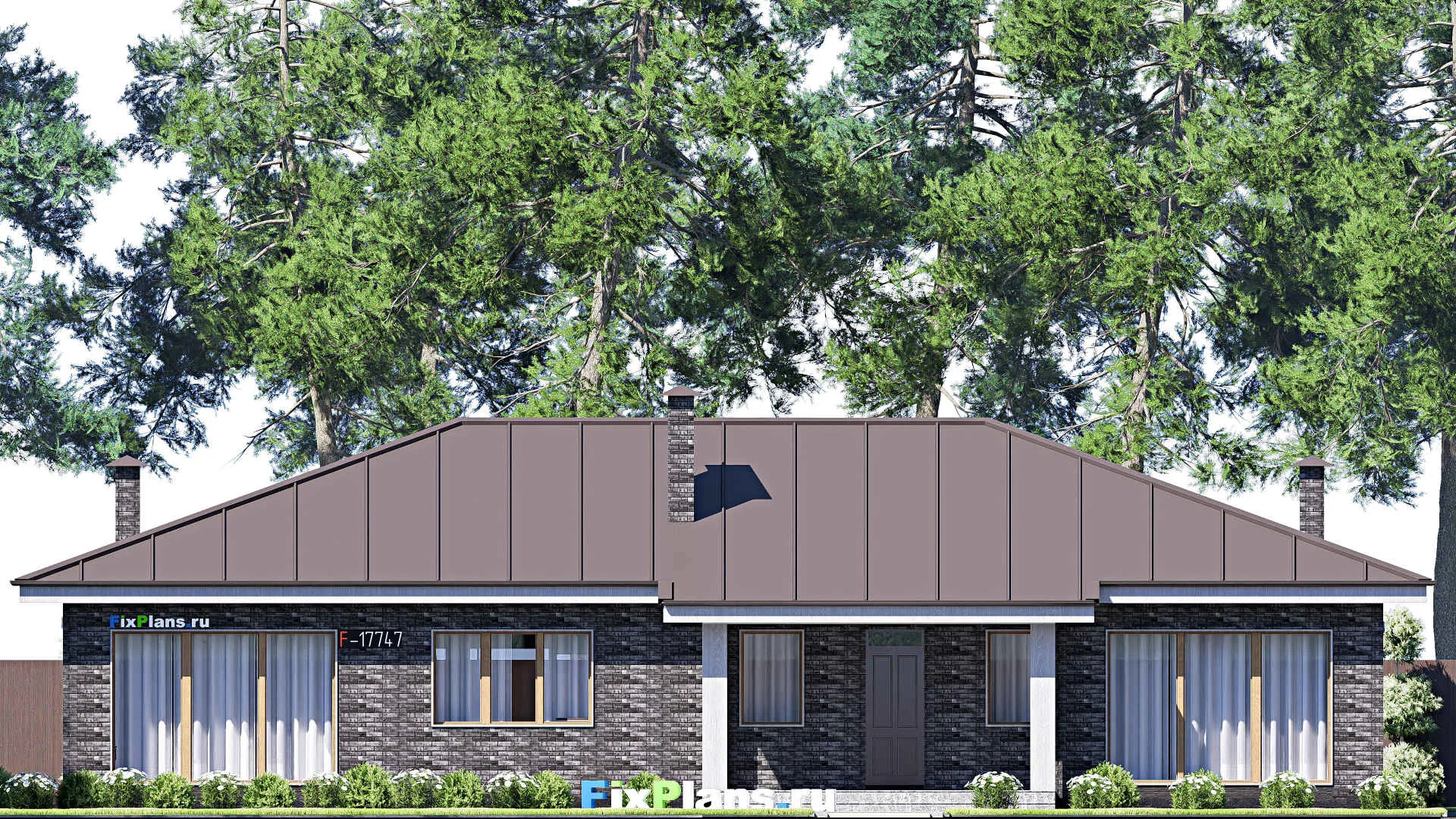 F-17747 - Проект одноэтажного дома 15 на 21, площадью 220 м² с террасой и 3 спальнями