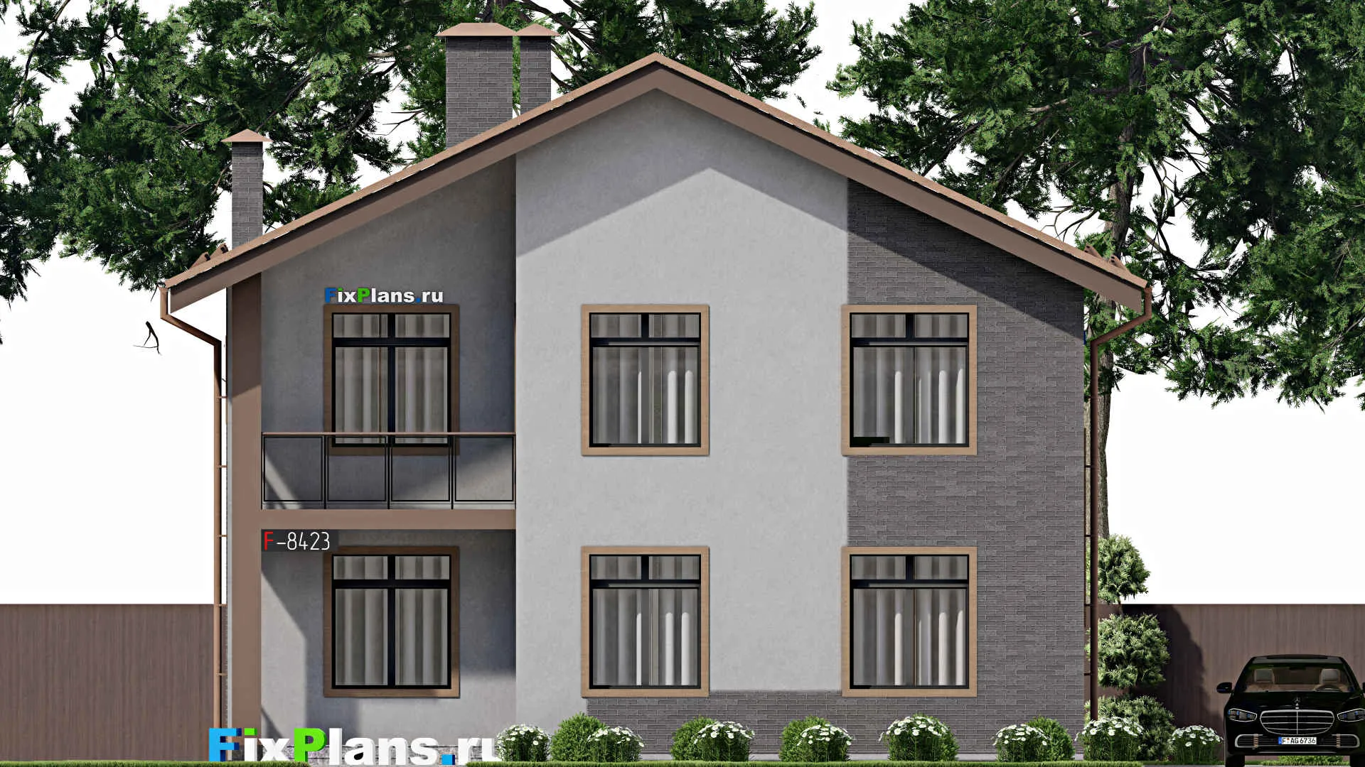 F-8423 - Планы двухэтажного дома 12 на 12, площадью 200 м² с террасой, балконом и 3 спальнями