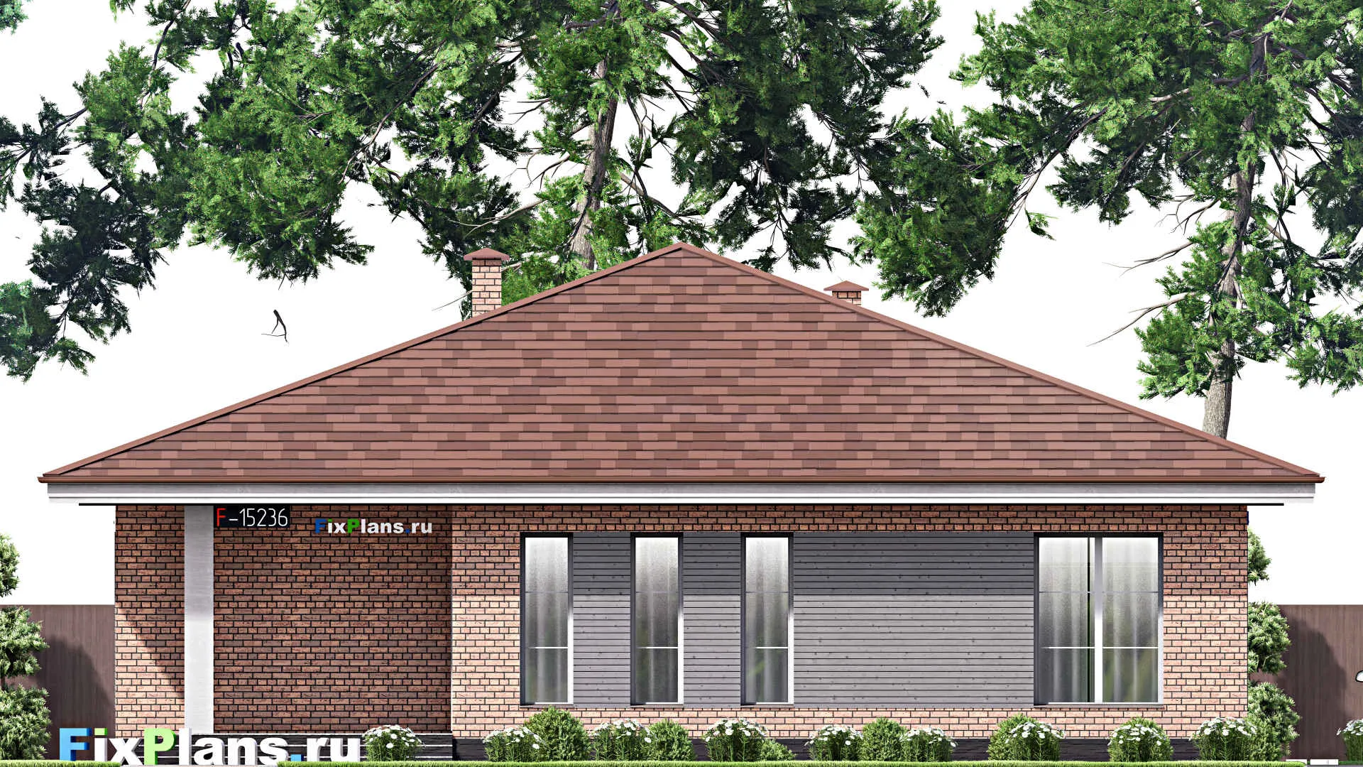 F-15236 - Проект одноэтажного дома 15 на 19, площадью 210 м² с террасой и 4 спальнями