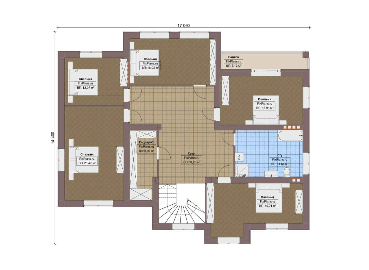 F-9701 - Планы двухэтажного дома 15 на 18, площадью 330 м² с террасой, балконом и 5 спальнями