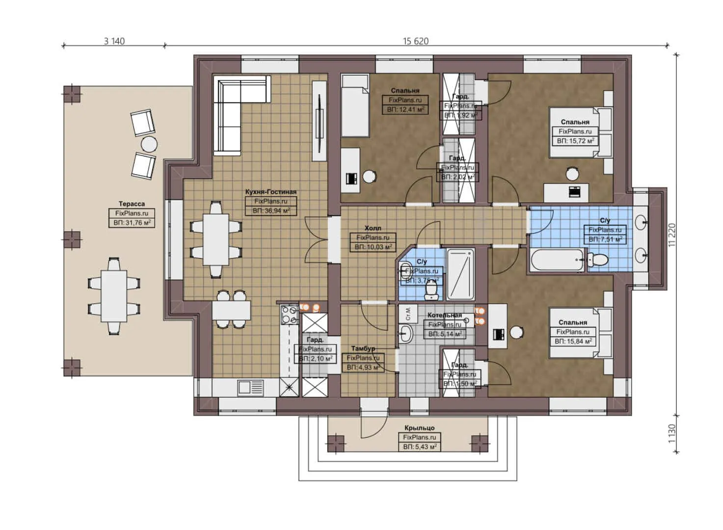 F-0737 - План одноэтажного дома 12 на 16, площадью 160 м² с террасой и 3 спальнями