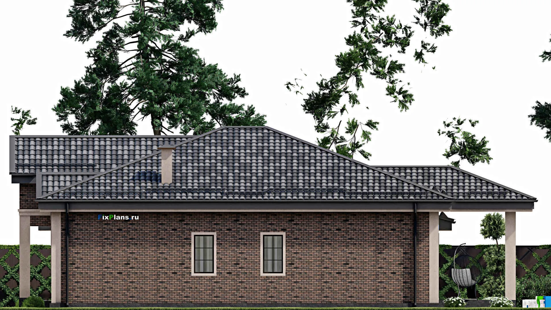 F-9512 - Проект одноэтажного дома 19 на 20, площадью 240 м² с террасой, гаражом на 2 машины и 4 спальнями