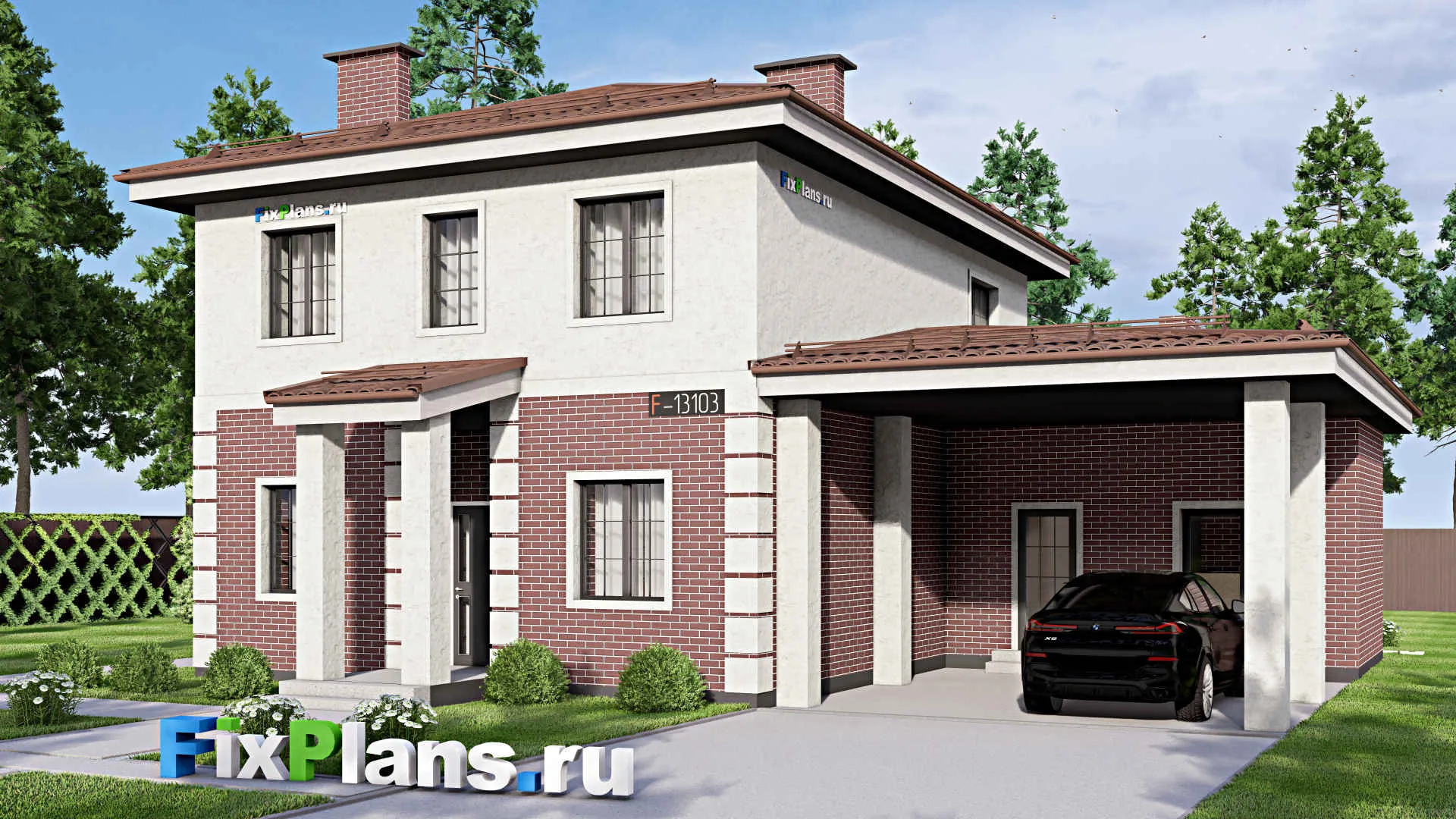 F-13103 - Проект двухэтажного дома 15 на 16, площадью 220 м² с террасой, гаражом на 2 машины и 4 спальнями