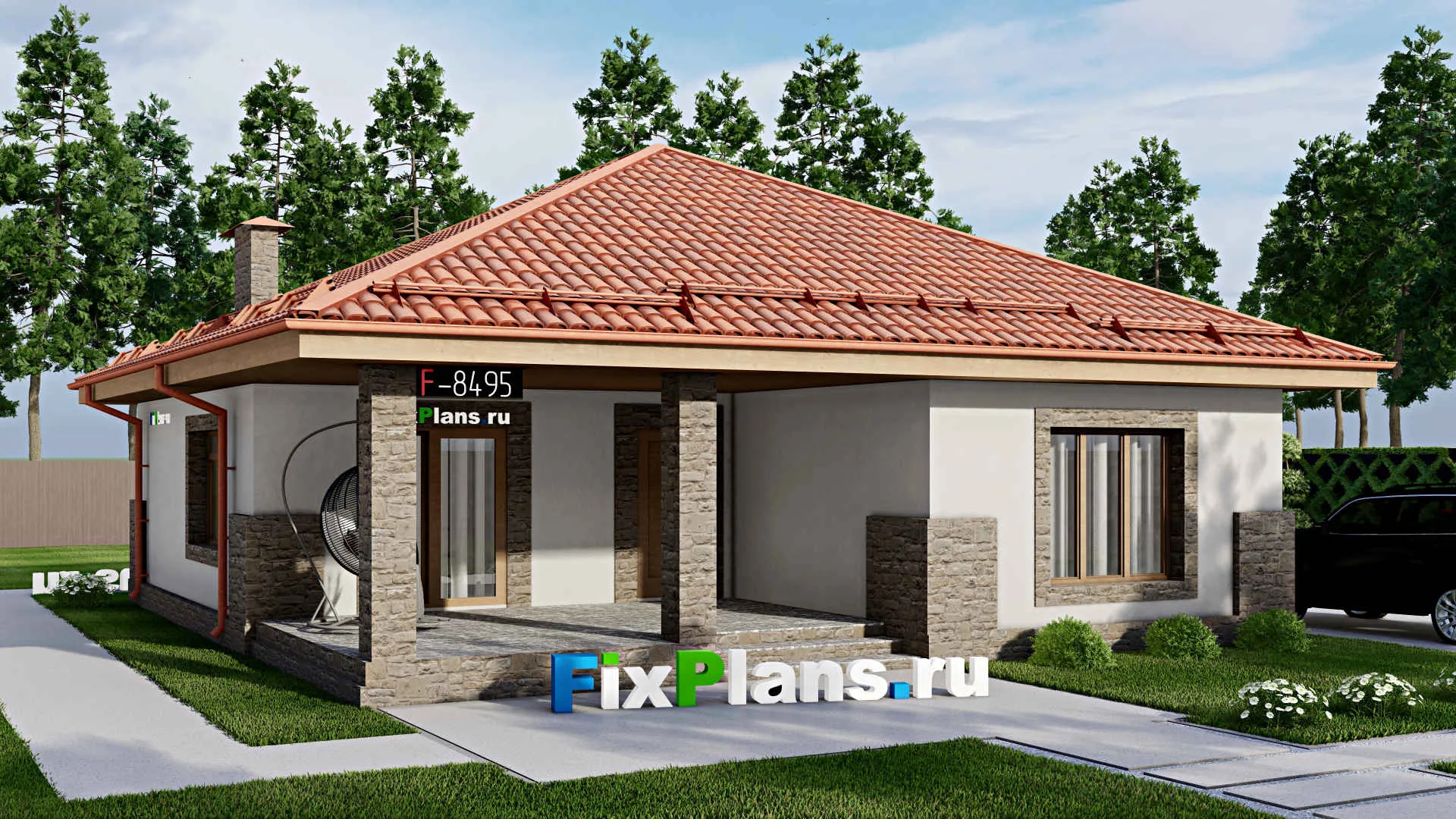 F-8495 - Проект одноэтажного дома 12 на 13, площадью 120 м² с террасой и 3 спальнями