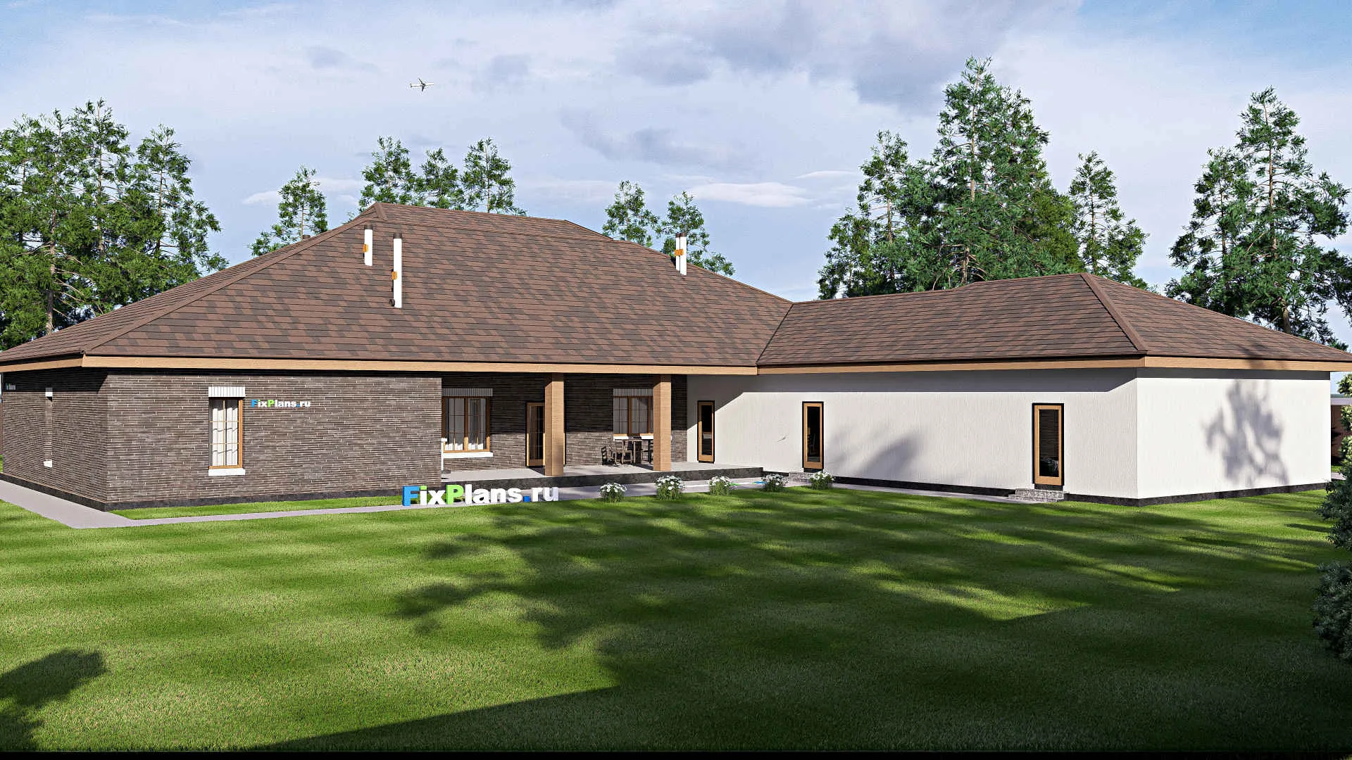 F-19925 - Проект одноэтажного дома 31 на 31, площадью 470 м² с террасой, гаражом на 2 машины и 4 спальнями