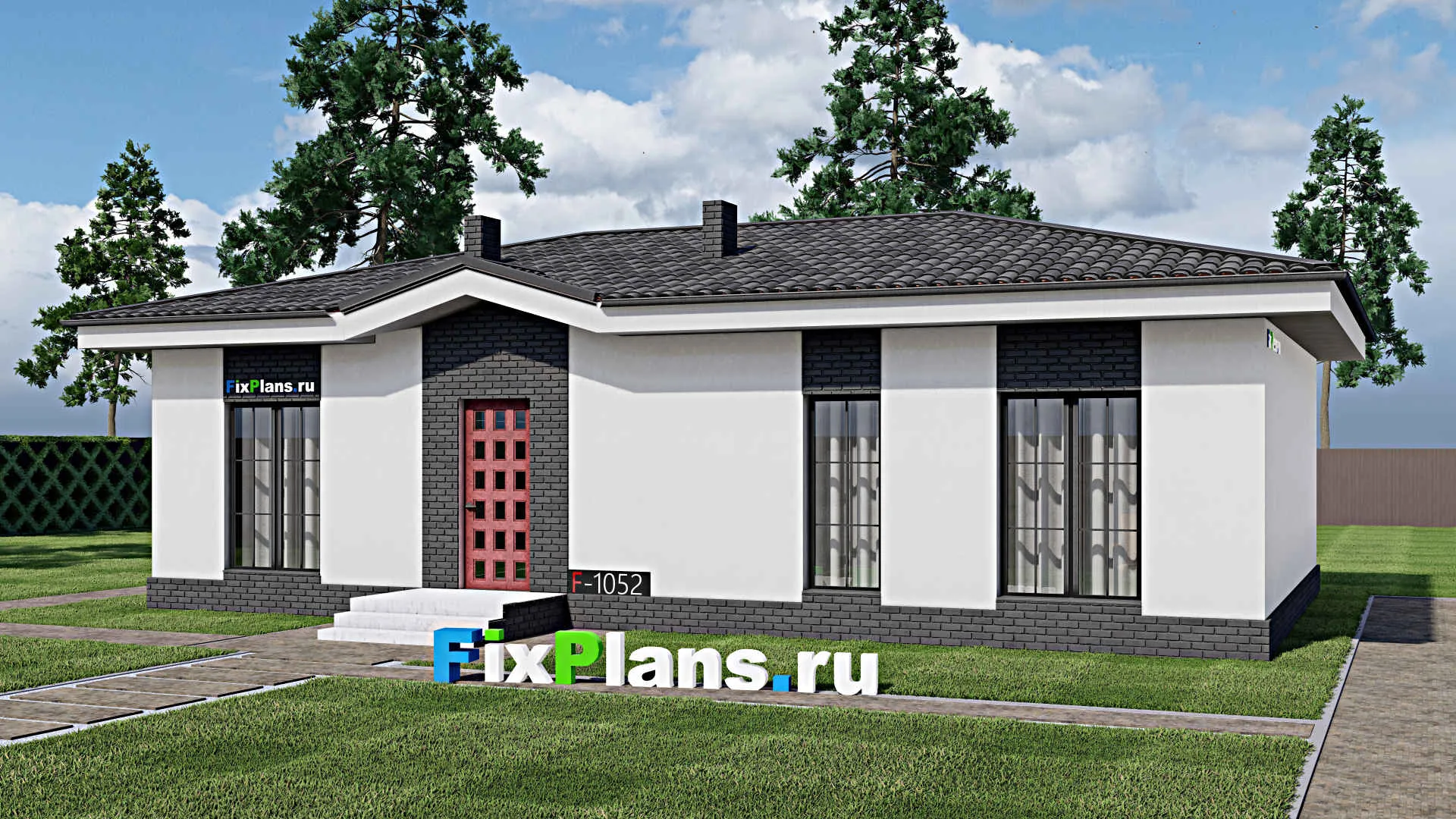 F-1052 - Проект одноэтажного дома 9 на 15, площадью 110 м² с террасой и 3 спальнями