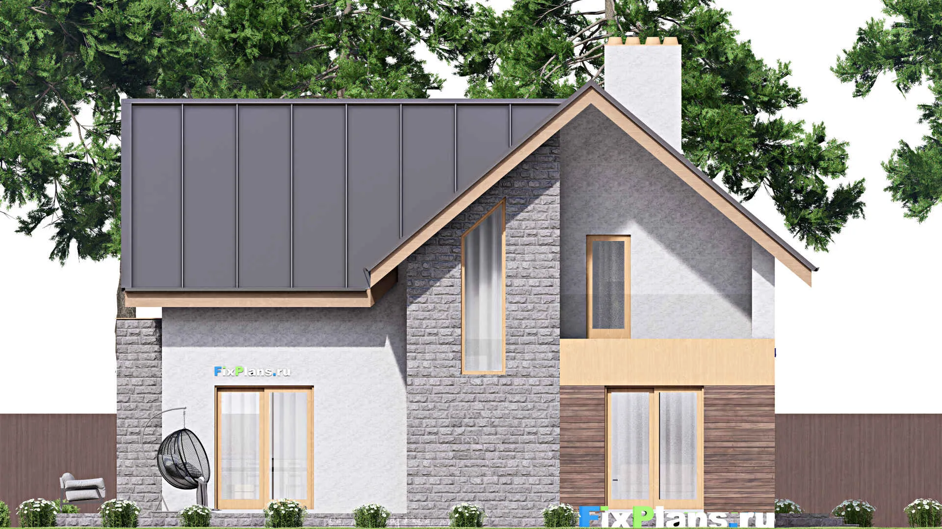 F-15884 - Проект дома с мансардой 16 на 17, площадью 300 м² с террасой, балконом, гаражом на 1 машину и 4 спальнями